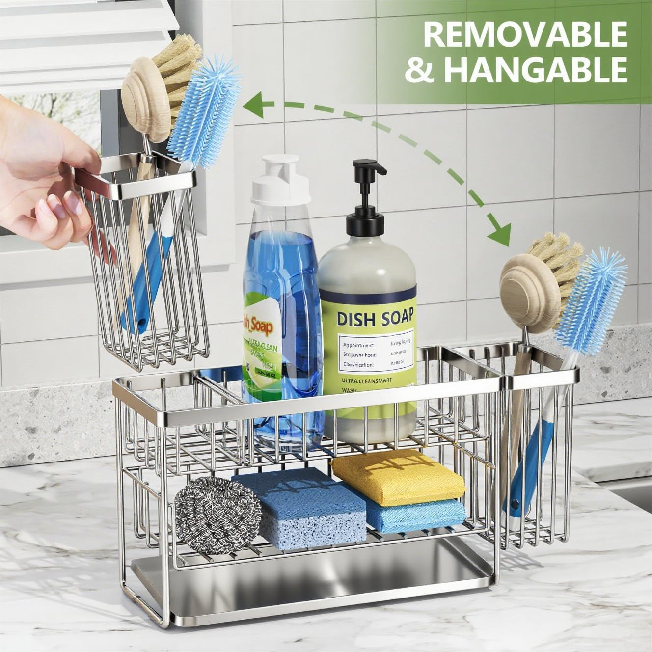 Silver 2-Tier Kitchen Sink Caddy Organzier Rack with Flexible Dish Brush Holder, Sponge Holder for Kitchen Sink Countertop Organization Storage,Home Decor Stainless Steel