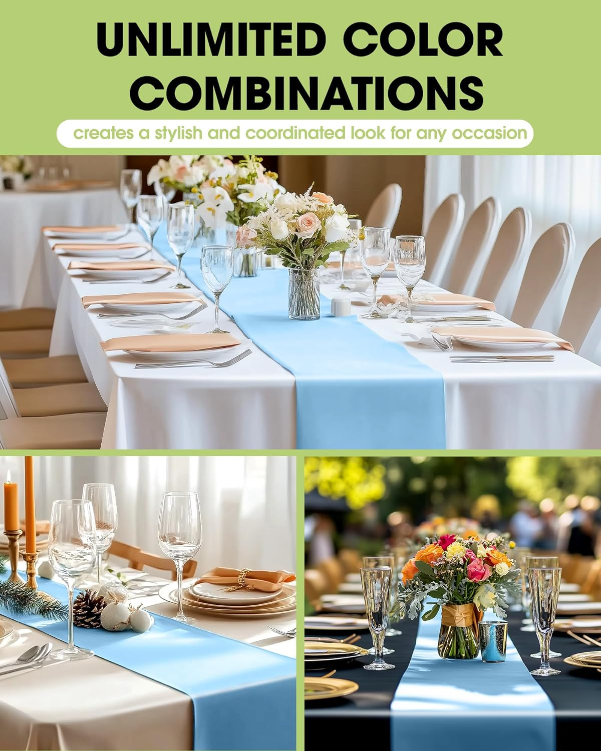 Light Blue Plastic Table Runners - 10 Pack, 14'' X 108'', Water Resistant & Disposable Centerpiece Decorations for Table Cloth, Wedding, Birthday, Holiday, Baby Shower, Party, Home Decor