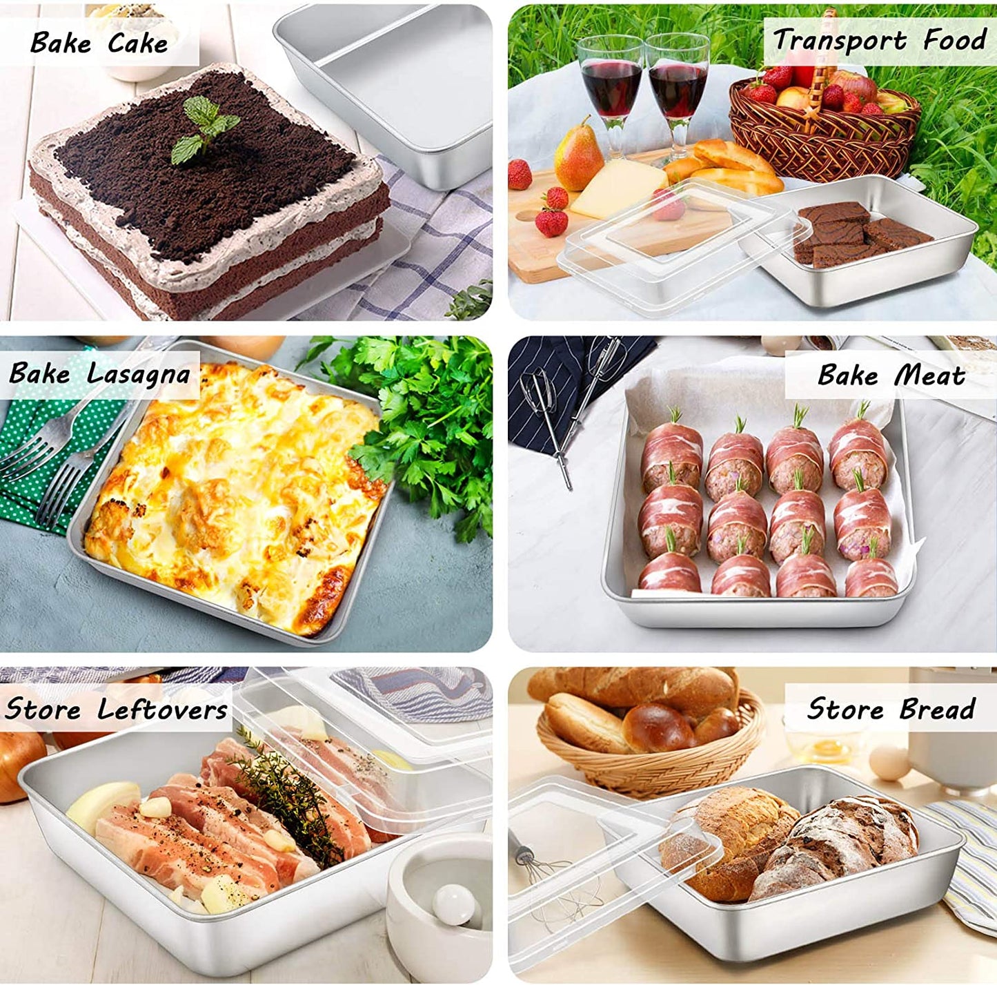 Square Baking Cake Pan with Lid, Stainless Steel Lasagna Brownie Pan and Plastic Cover for Picnic Wedding Birthday, Healthy & Sturdy, Oven & Dishwasher Safe, (8 Inch, 2Pcs)