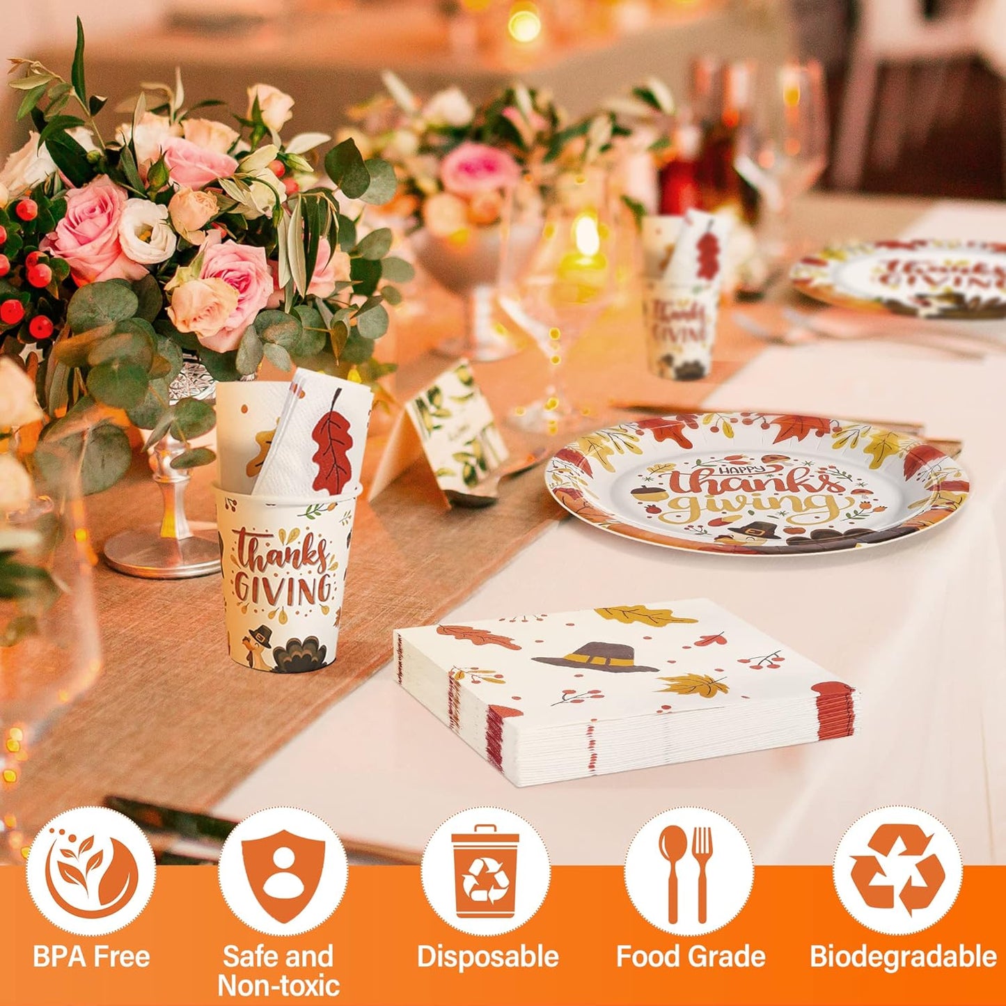 120 PCS Thanksgiving Paper Plates, Disposable Thanksgiving Plates and Cups Set, Heavy Duty Harvest Table Decorations, Fall Dinnerware Set for Holiday Decorations Themed Party Serve 30 Guests