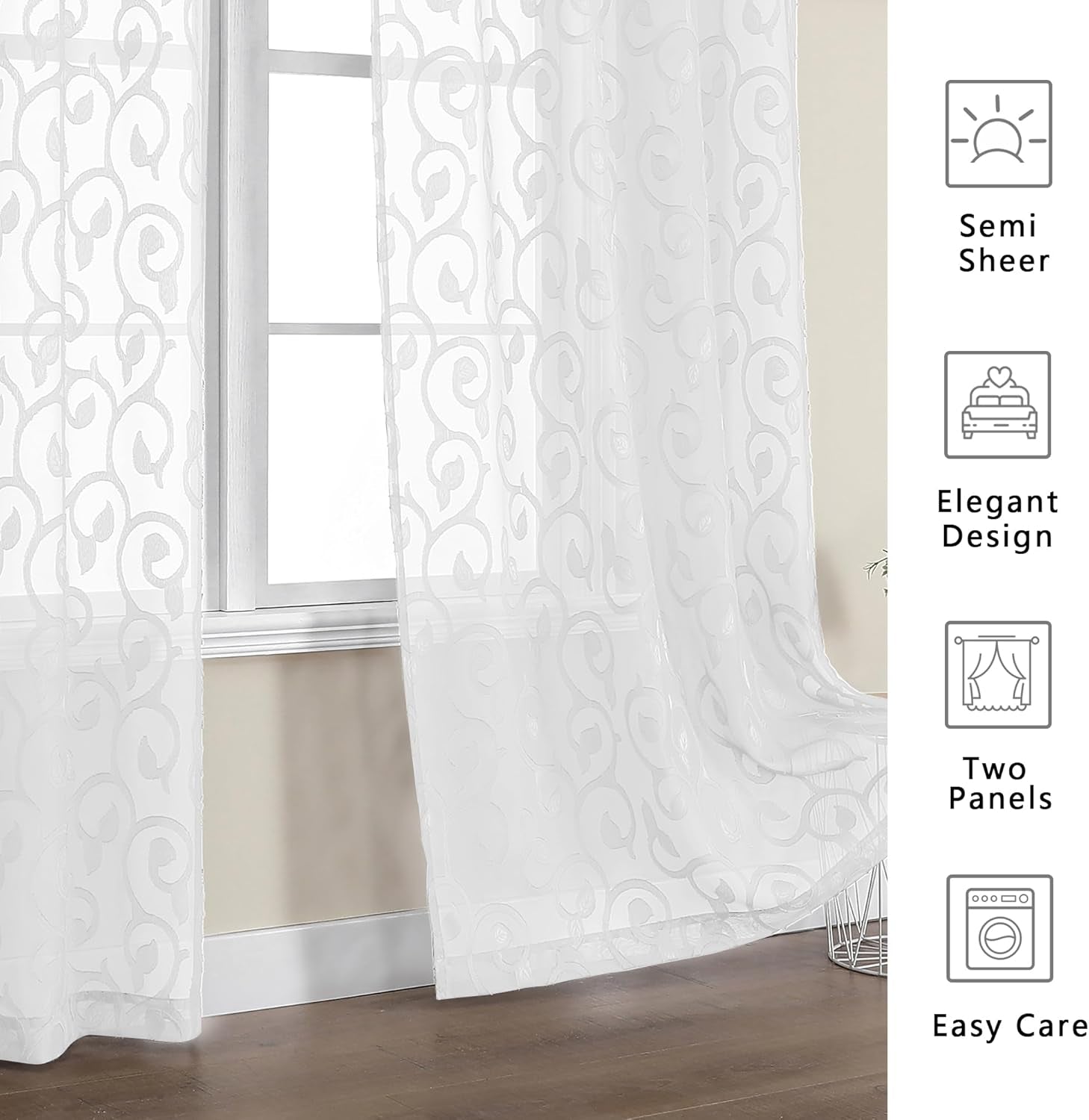 Furman Sheer White Curtains 84 Inches Long for Bedroom Living Room 2 Panels Set, White Curtains Jacquard Clip Light Filtering Semi Sheer Curtain Rod Pocket Window Drapes, 2 Pcs Each 40 W 84 L