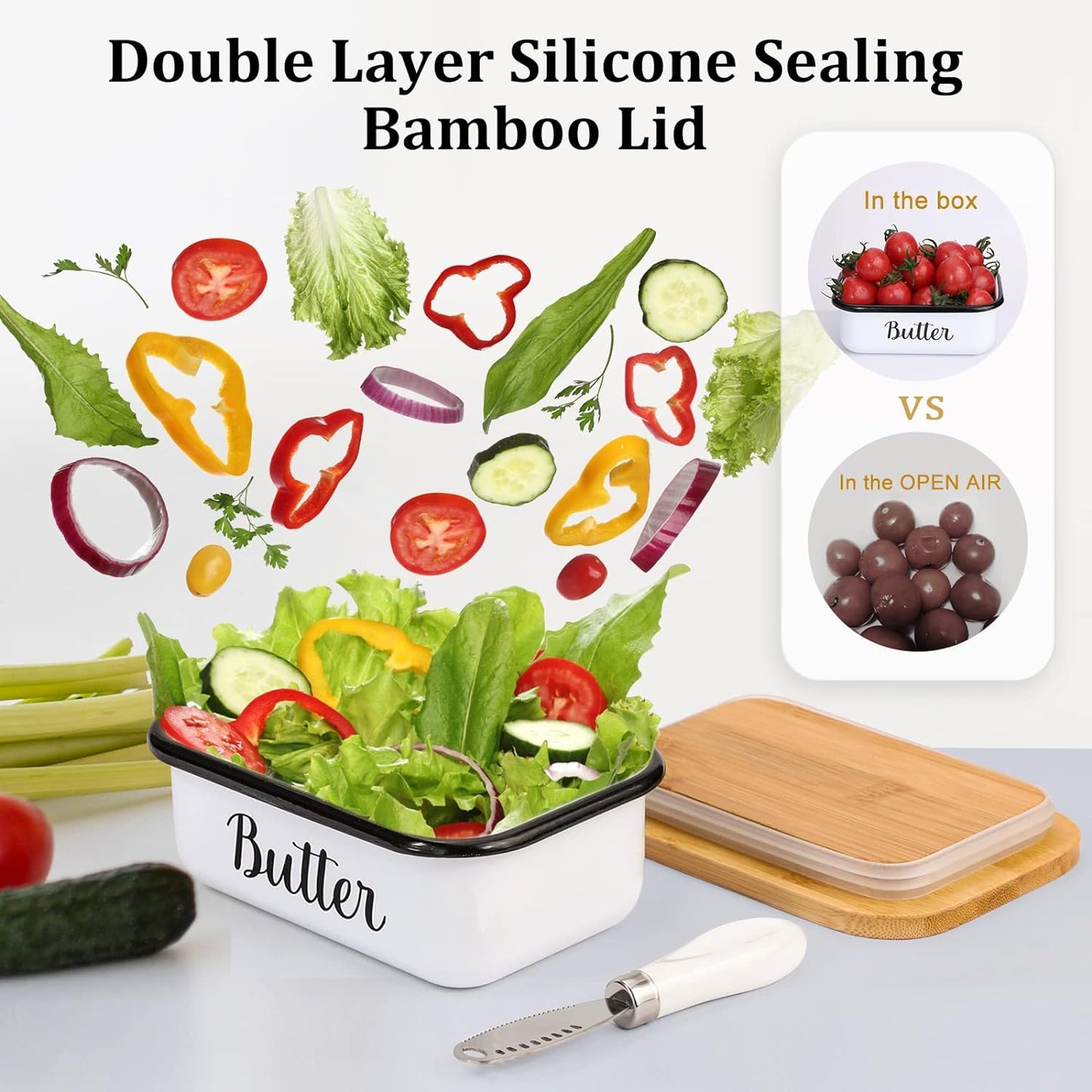 Butter Dish with Lid and Butter Curler Knife - Unbreakable Stainless Steel Keeper Container with Double Silicone Sealing, for Kitchen Farmhouse Decor