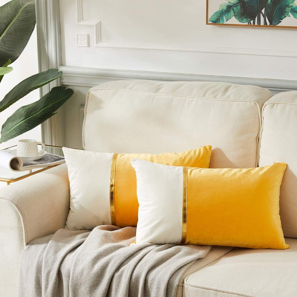 2 Packs Decorative Throw Pillow Covers 12X20 Inch for Living Room Couch Bed, Yellow and White Velvet Patchwork with Gold Leather, Luxury Modern Home Decor, Lumbar Cushion Case 30X50 Cm