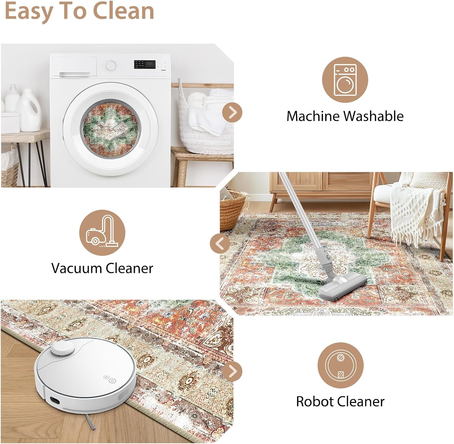 6X9 Area Rugs Machine Washable No Pile Non Slip Vintage Rugs for Living Room&Bedroom&Dinning Room Bohemian Distressed Carpet Indoor,Brick