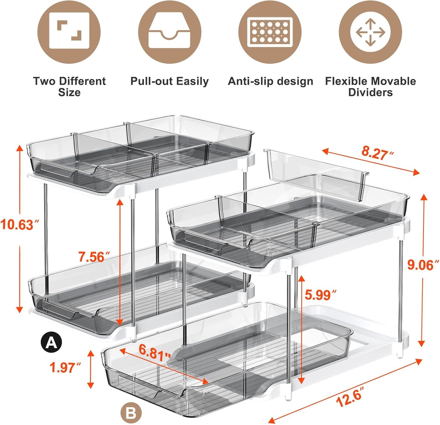 2 Sets of 2-Tier Multi-Purpose Bathroom Cabinet under Sink Organizers and Storage, Stackable Kitchen Pantry Organization and Storage, Grey