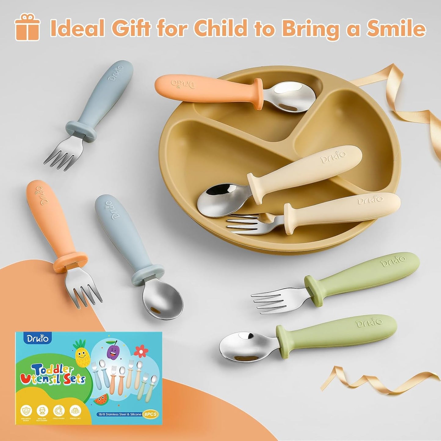 Toddler Utensils Set - 8-Piece Kids Silverware Set with Silicone Handles, Safe 18/8 Stainless Steel Forks and Spoons, Anti-Choke Design, Food Grade, Dishwasher Safe