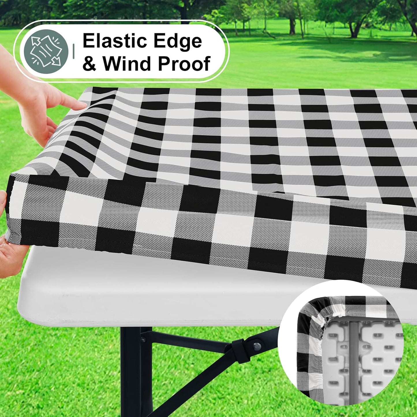 Buffalo Rectangle Picnic Tablecloth, 6 Foot Elastic Fitted Vinyl Table Cloth with Flannel Backing, Waterproof Plaid Table Covers for Dining, Camping, Outdoor (Black and White, 30" X 72")