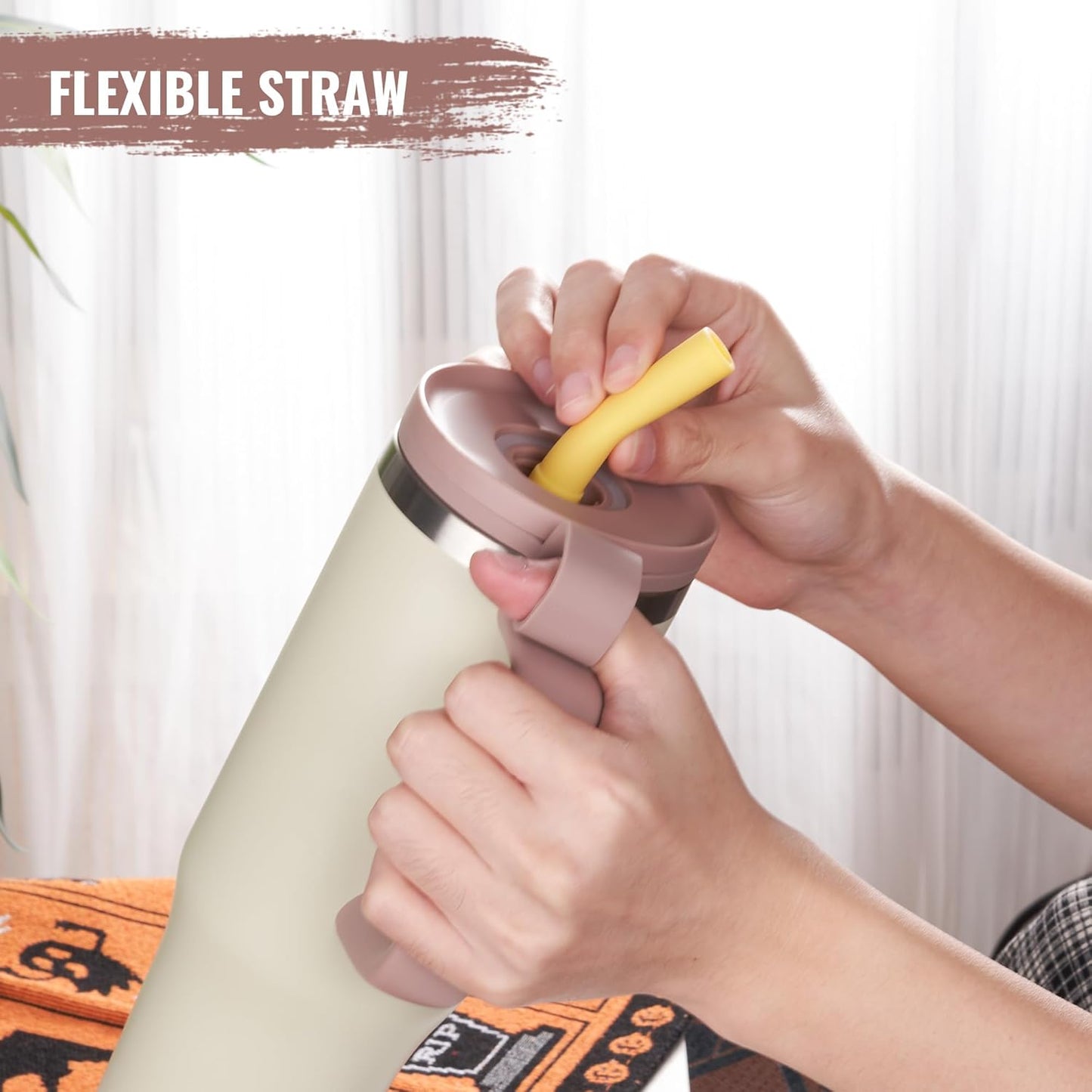 32Oz Water Bottle with Straw, Tumbler with Handle & Lid, Insulated Water Bottle with Straw Cover Cap, Travel Coffee Mug for Hot/Iced Water, Tea or Coffee, Bpa-Free, Cupholder Friendly, Khaki