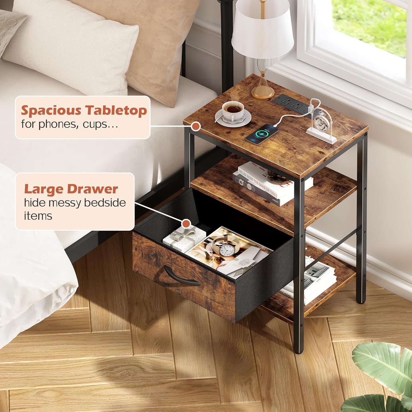 Rustic Brown Nightstand with Integrated Charging Station and Adjustable Fabric Drawer, 3-Tier Storage End Table for Bedroom and Living Room