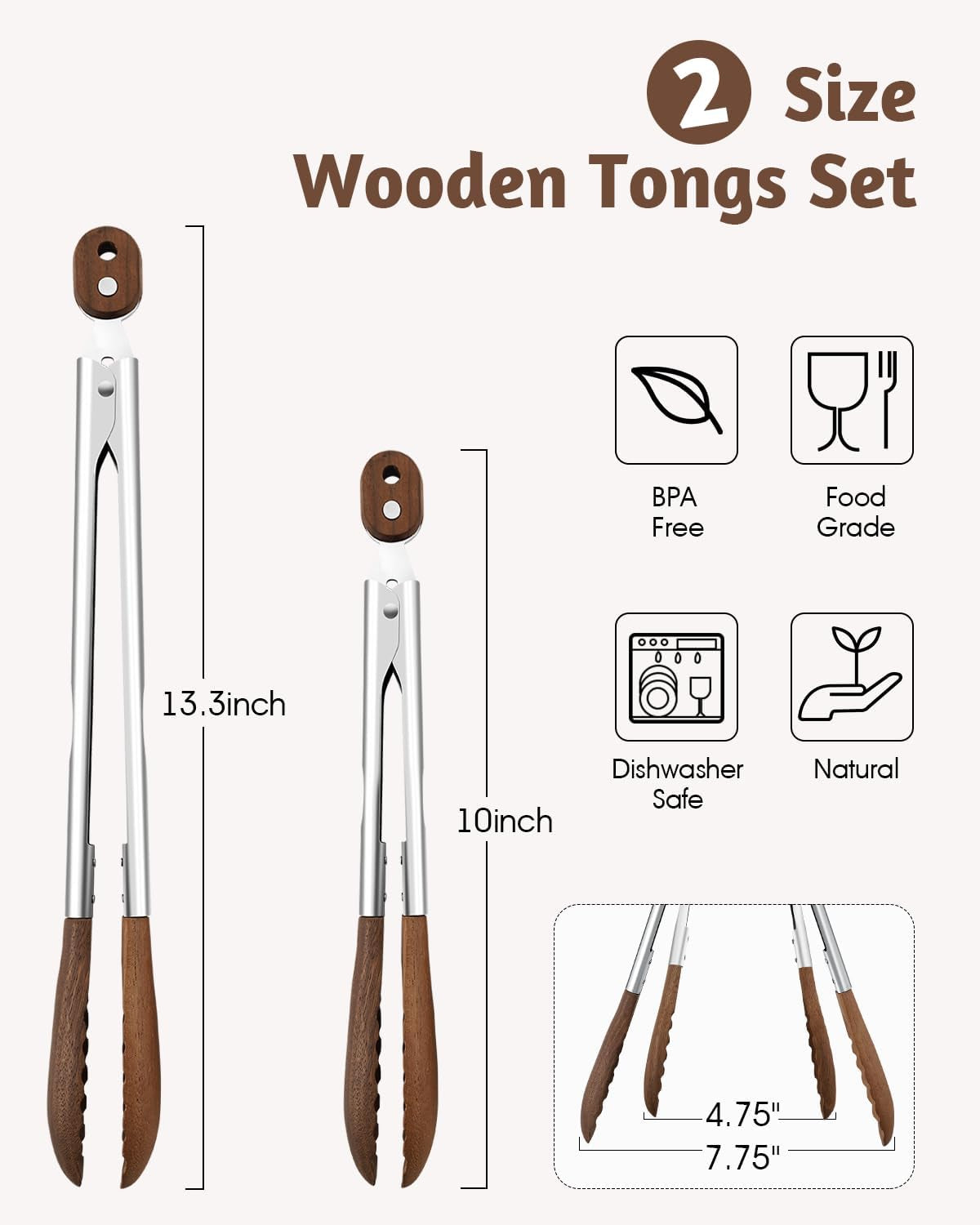 10 & 13 Inch Wooden Tongs for Cooking, Kitchen Stainless Steel Salad Tongs with Walnut Wood Tip, Serving Food Toaster Bread Non Toxic Grill Tong, Smooth Locking & Hanging Cooking Utensils Set