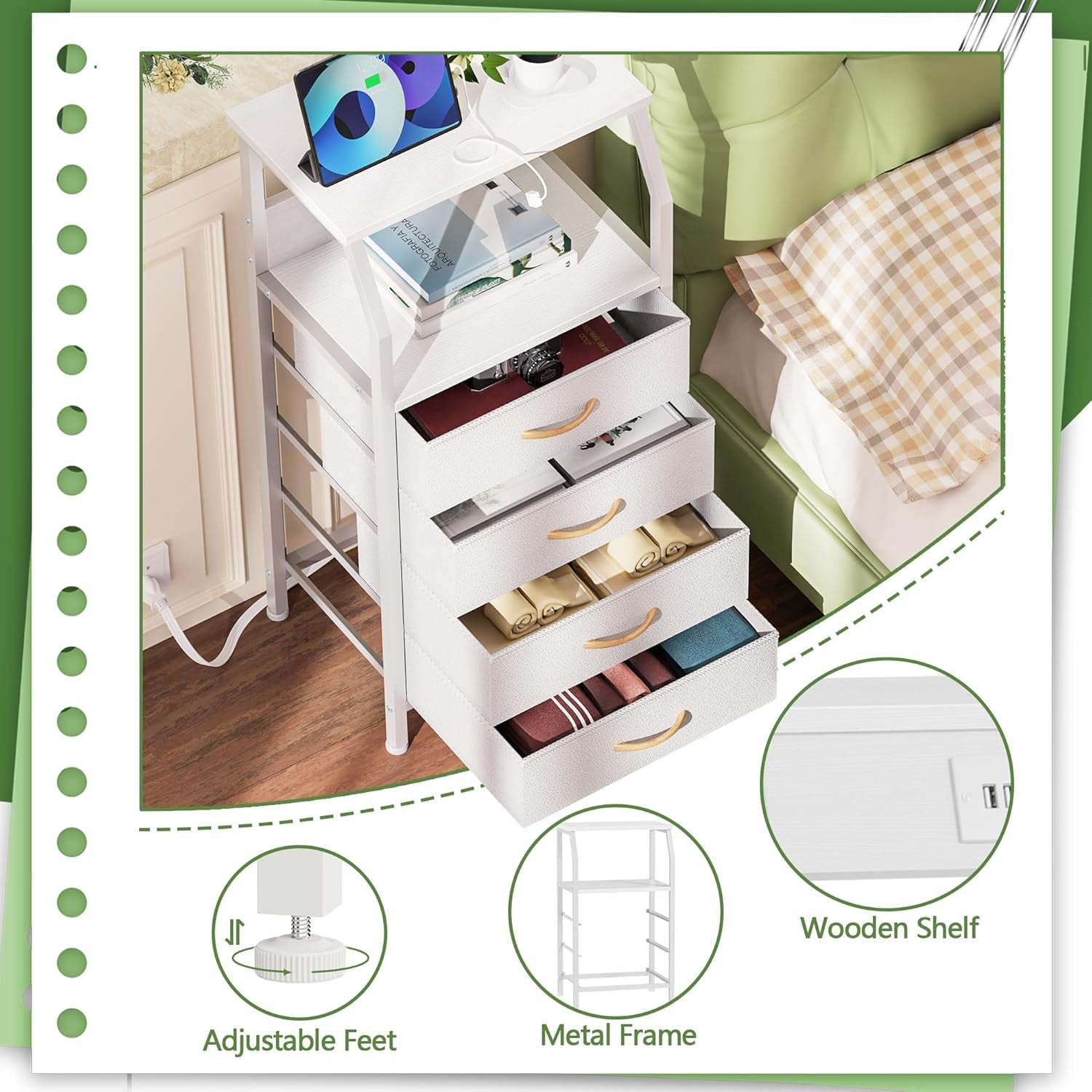 Elegant Nightstand with Integrated Charging Station, Versatile Dresser Featuring PVC and Fabric Drawers, 33.3-Inch Side Table with Open Shelf, Ideal for Bedroom, Closet, and Entryway Use, White Finish