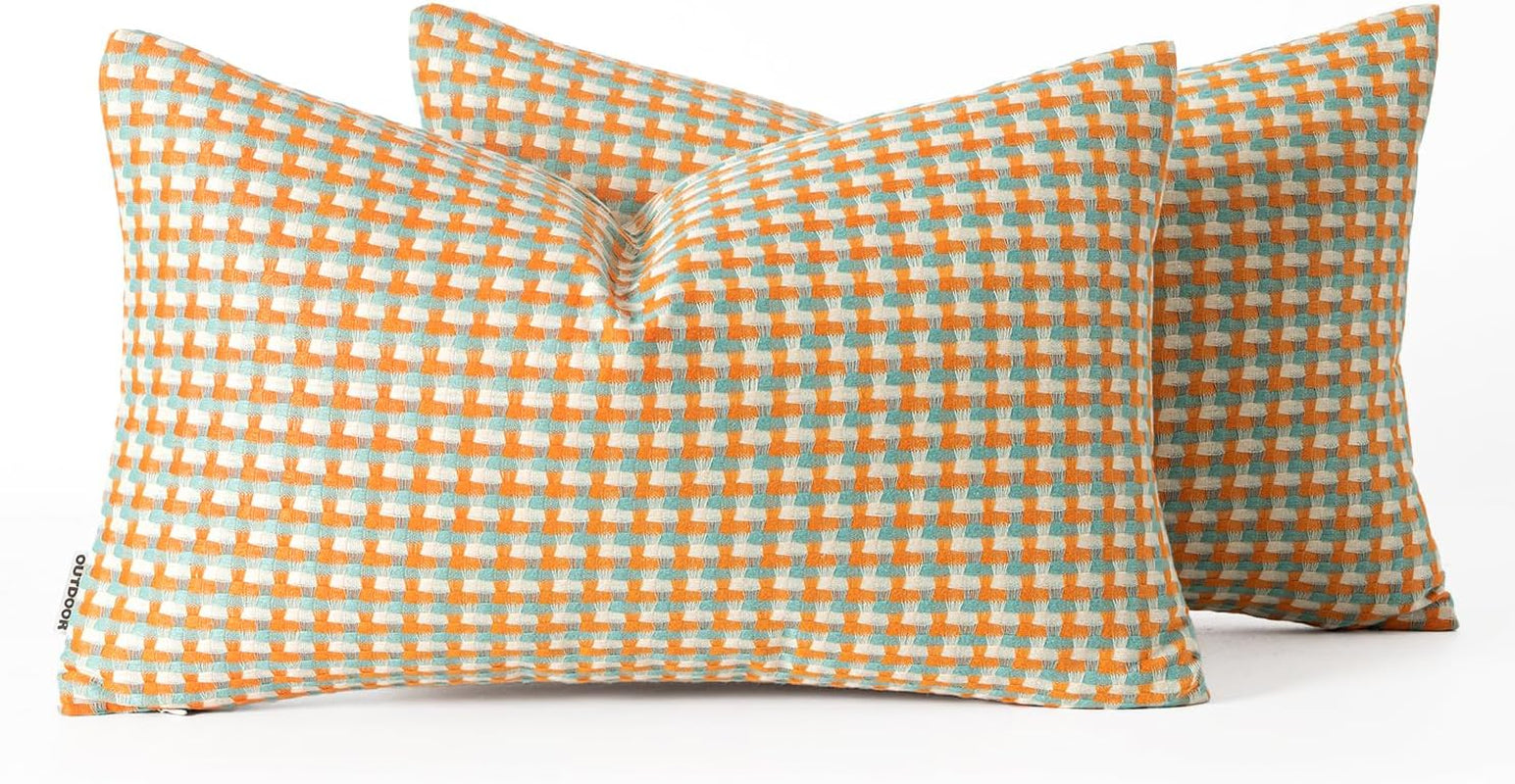 Pack of 2 Outdoor Throw Pillow Covers Decorative Farmhouse Square Waterproof Pillows for Tent Patio Garden Balcony Sofa, 12X20 Inch Orange Green