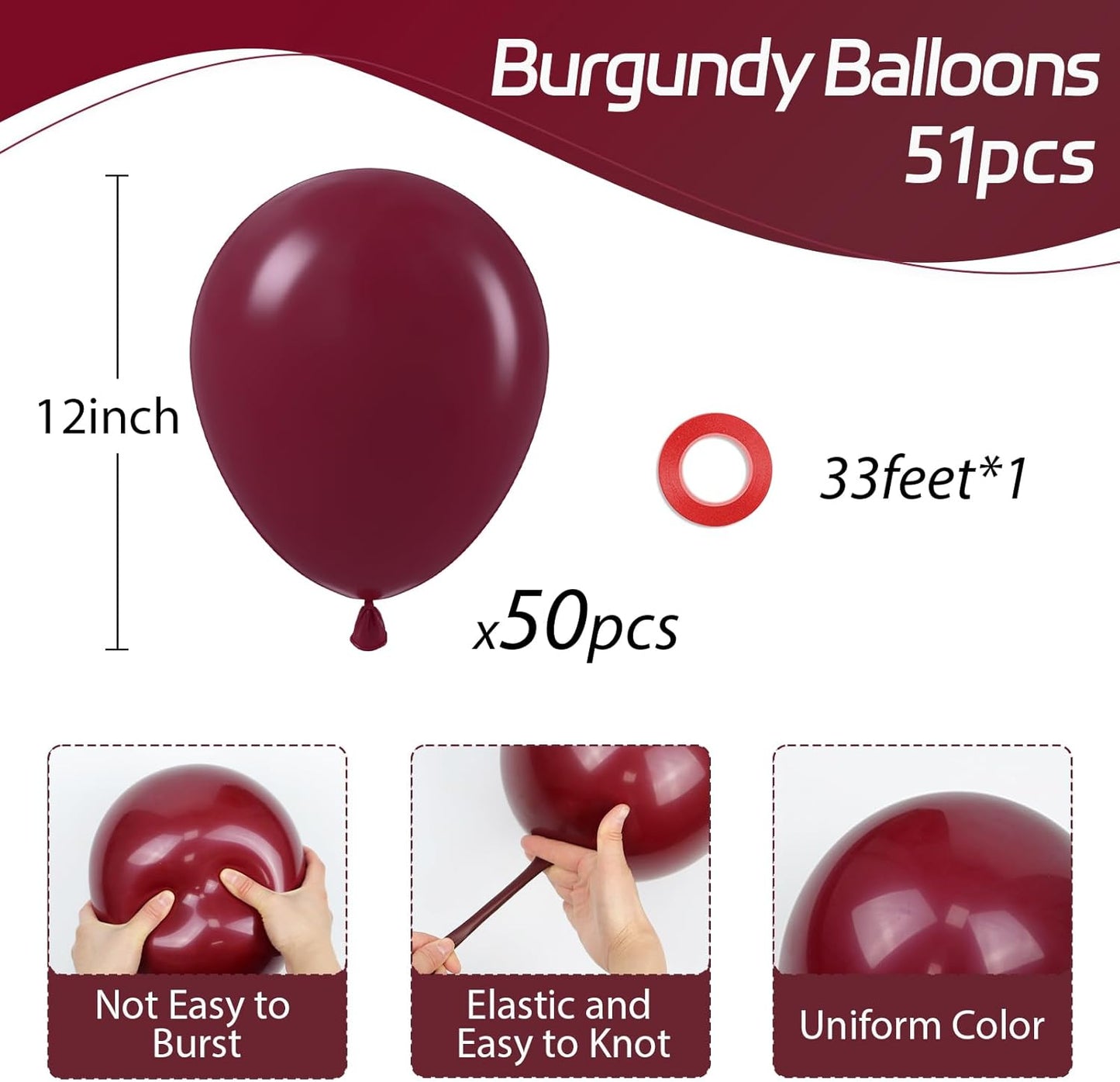 Burgundy Balloons 12 Inch, Maroon Balloons 50Pcs Party Balloons for Birthday Graduation Wedding Baby Shower Valentine'S Day Party Decorations