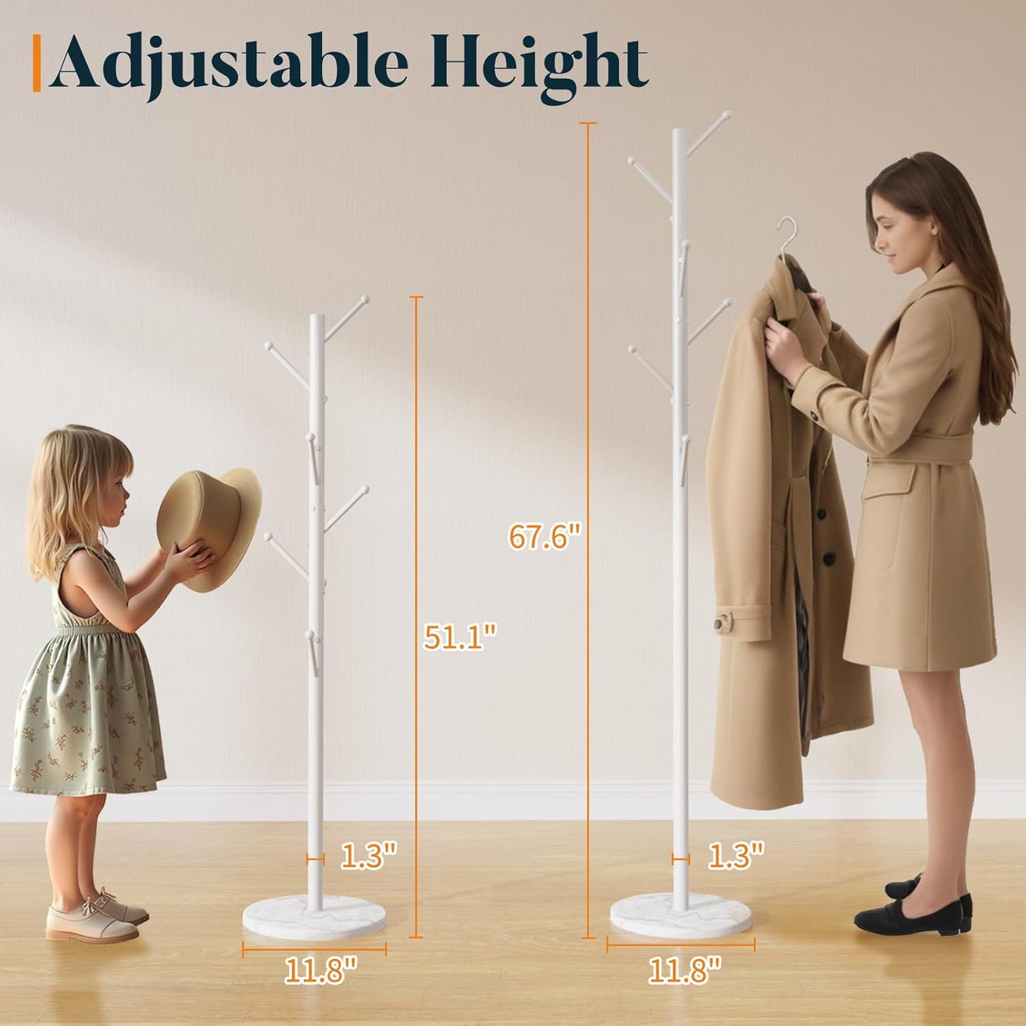 Coat Rack Freestanding with Natural Marble Base, Coat Tree with 8 Hooks Heavy Duty Coat Hanger Stand, Metal Coat Rack Stand for Jacket, Hat, Clothes & Bag, Hall Tree Hat Rack for Entryway