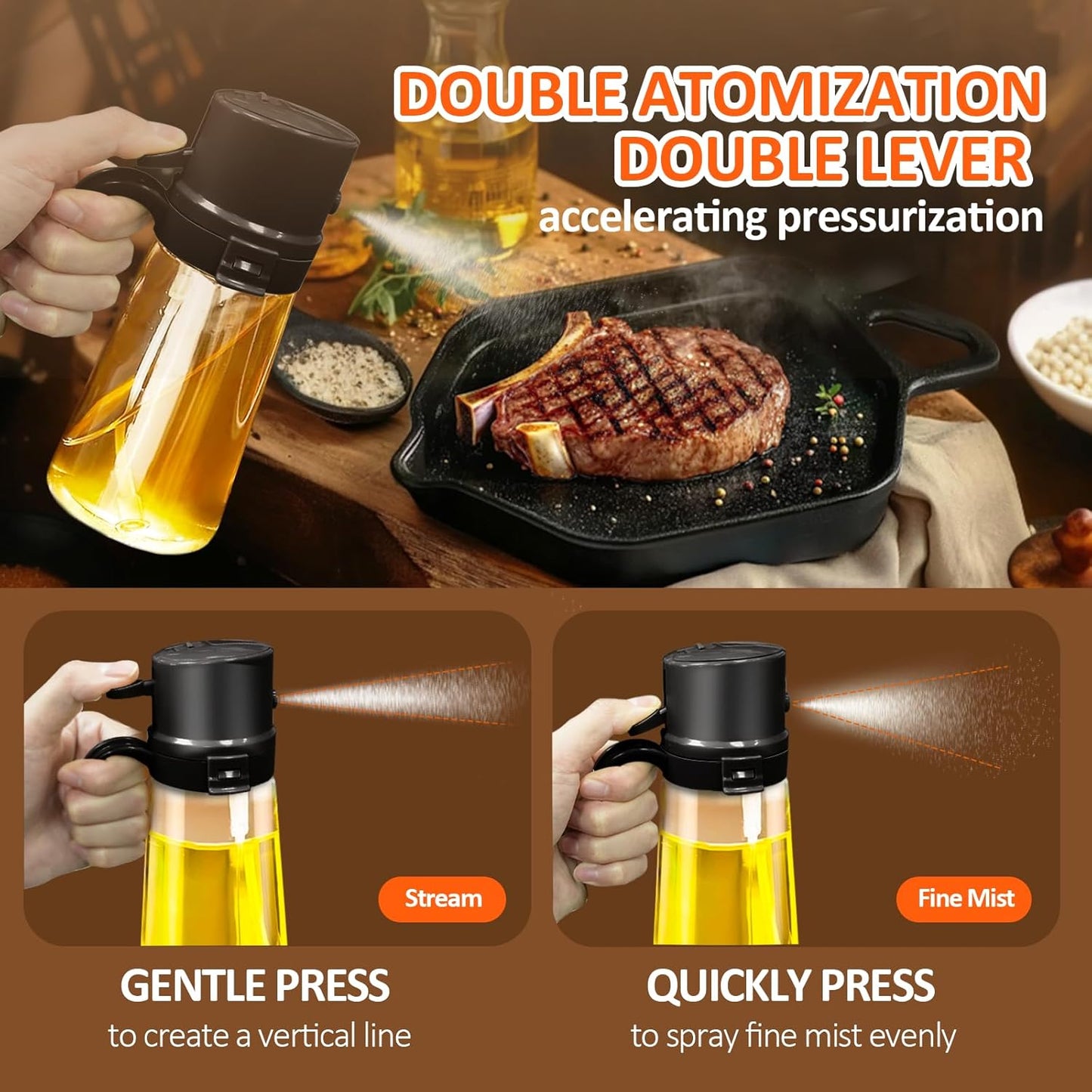 16Oz/470Ml Easy Refillable Oil Sprayer for Cooking, 2 in 1 Oil Dispenser for Kitchen and Oil Sprayer Bottle, Food-Grade Glass Oil Mister with Simple Open Design, Air Fryer,Bbq (Black)