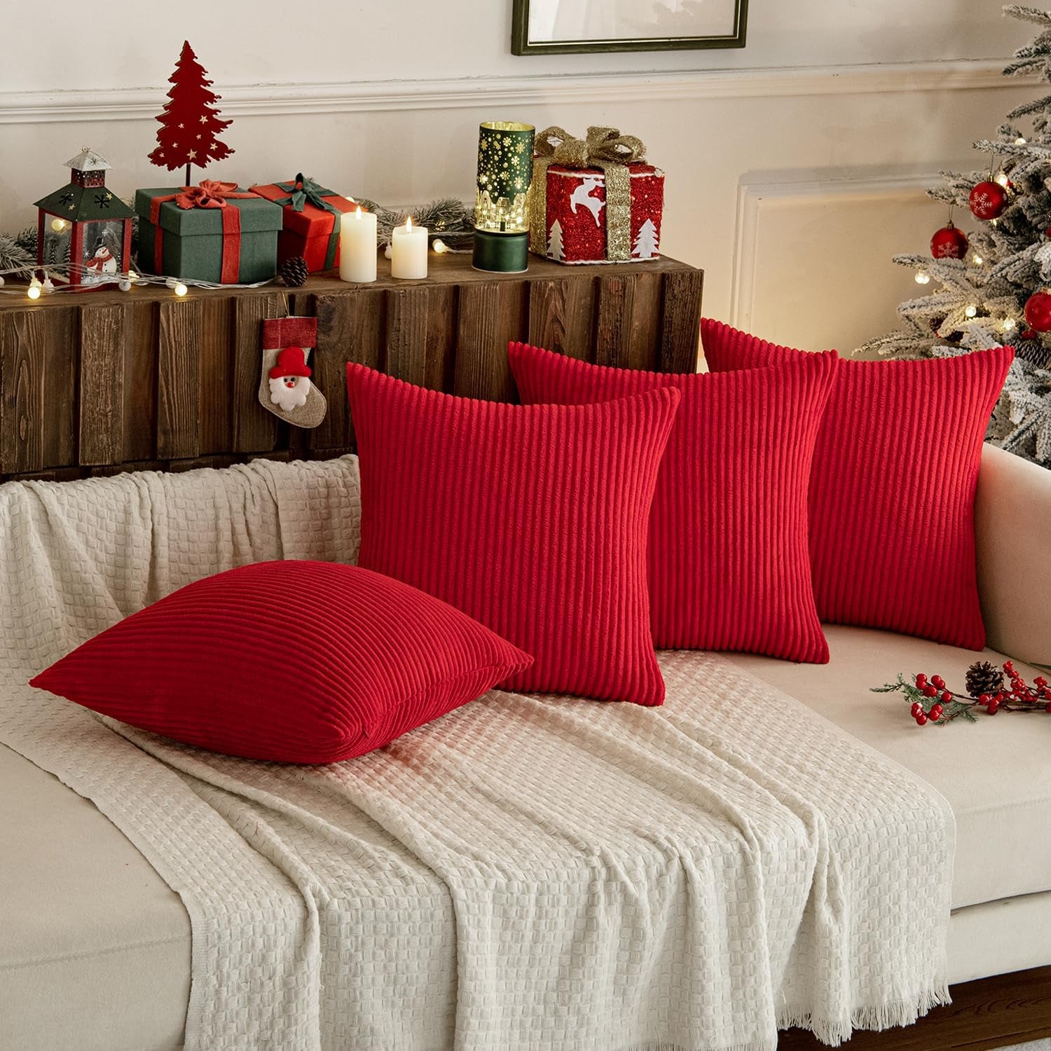 Boho Farmhouse Throw Pillow Covers 18X18 Inch Set of 4 Mordern Nordic Cushion Covers Soft Corduroy Home Decor for Couch Bed Sofa Living Room Christmas Red