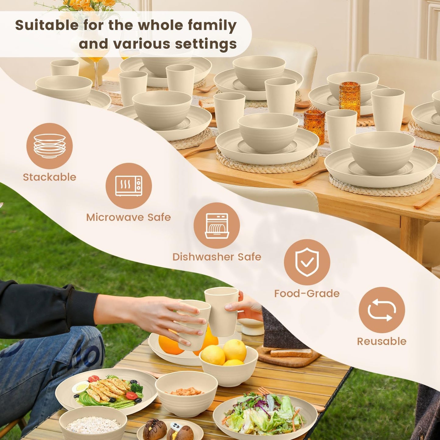 32-Piece Eco-Friendly Wheat Straw Dinnerware Set for 8 - Reusable Plates and Bowls, Suitable for Camping and Picnics, Microwave and Dishwasher Safe - Beige