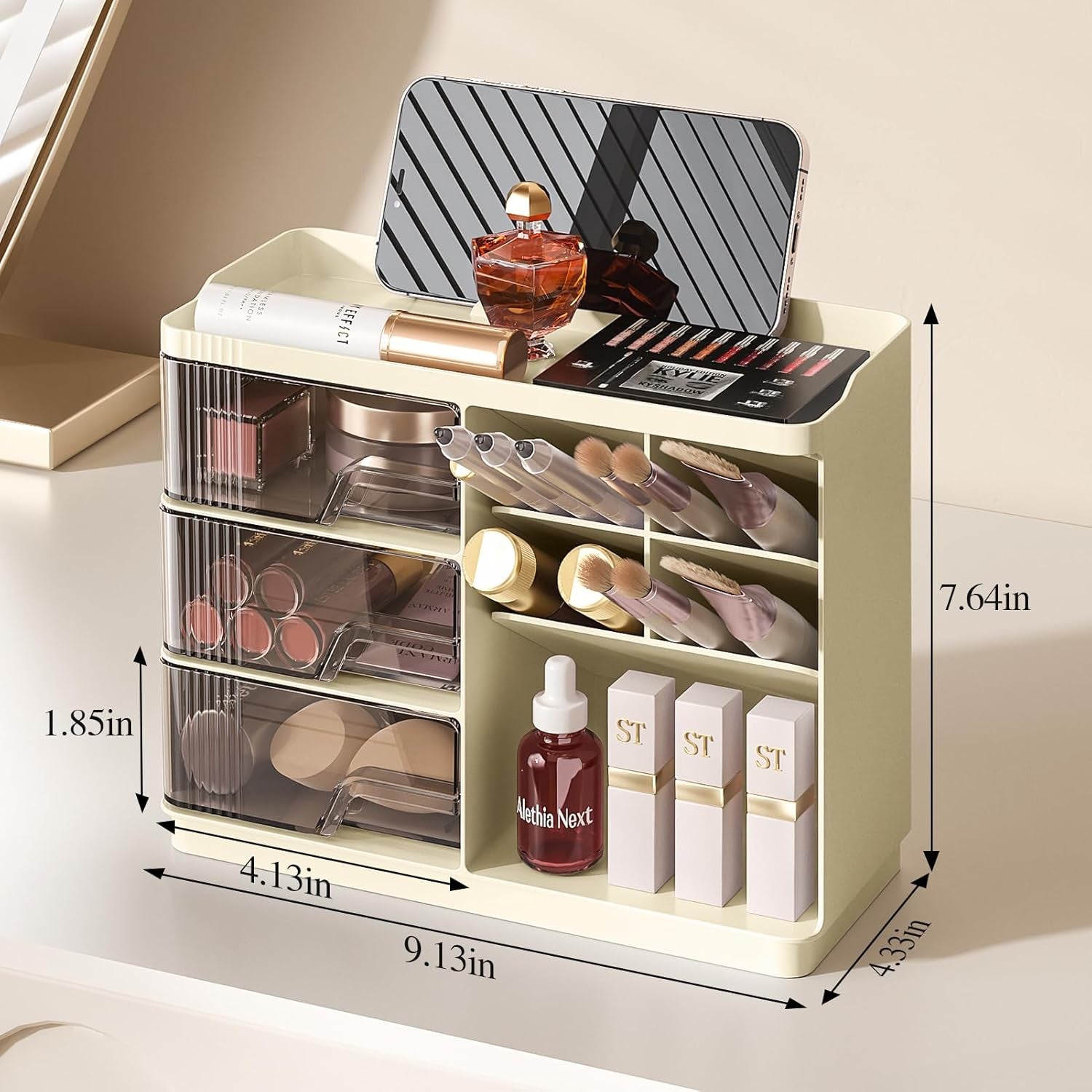 Makeup Organizer with Drawers, Multi-Function Vanity Organizer Countertop, Stackable Desk Organizer for Makeup Brush Lipstick Skincare Bathroom Vanity Organization and Storage, Ivory