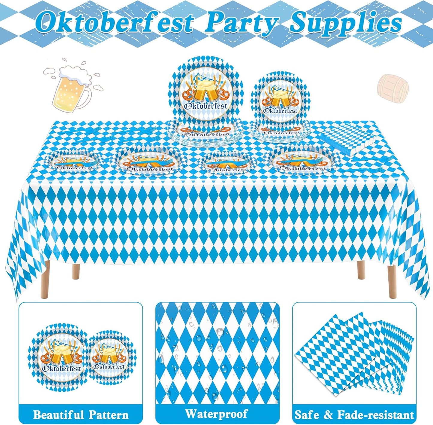 122 PCS Oktoberfest Decorations, Disposable 9" and 7" Blue and White Flag Check Beer Party Plates, Oktoberfest Paper Plates Napkins Forks Tablecover, Beer Festival Party Supplies for German Festival