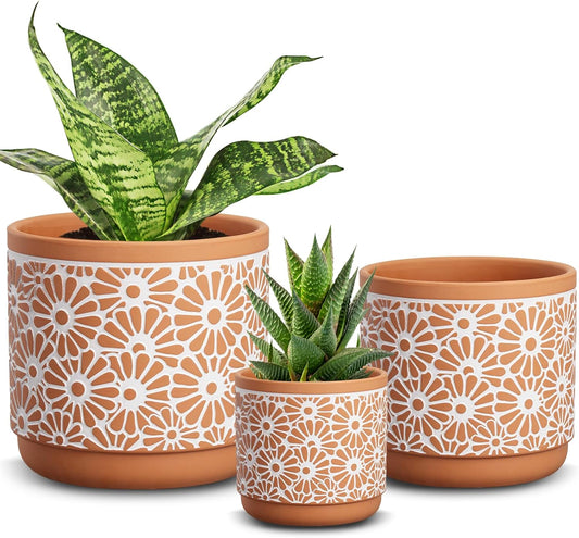 3 Piece Ceramic Plant Pots, 5.7/4.7/3.5/Inch Planters with Drainage Hole, Outdoor Indoor Flower Pots Set, Modern Decorative Plant Pots for Lilies, Cacti, Succulents, Snakes, Bamboo(Red)
