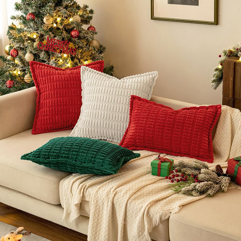 Pure White Corduroy Decorative Throw Pillow Covers Pack of 2 Soft Striped Pillows Pillowcases with Broad Edge Modern Winter Cute Boho Home Decor for Couch Sofa Bed 18X18 Inch