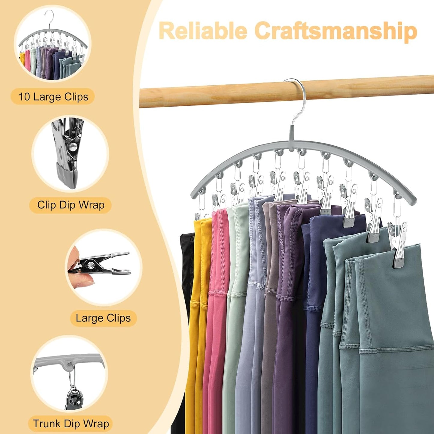 Legging Organizer for Closet, Metal Yoga Pants Hanger W/Rubber Coated 2 Pack W/10 Clips Hold 20 Leggings, Hangers Space Saving Hanging Closet Organizer for Closet Organizers and Storage-Grey