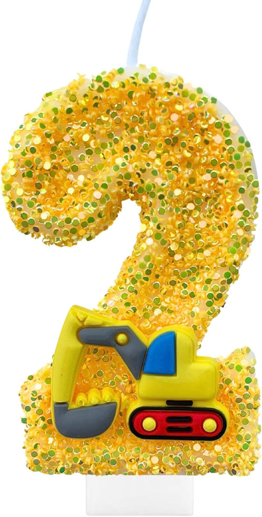 Construction Birthday Candles for Cake Decoration Yellow Glitter Number 2 Candle Construction Cake Topper Construction Themed Cupcake Topper Birthday Party Decorations Supplies Favors