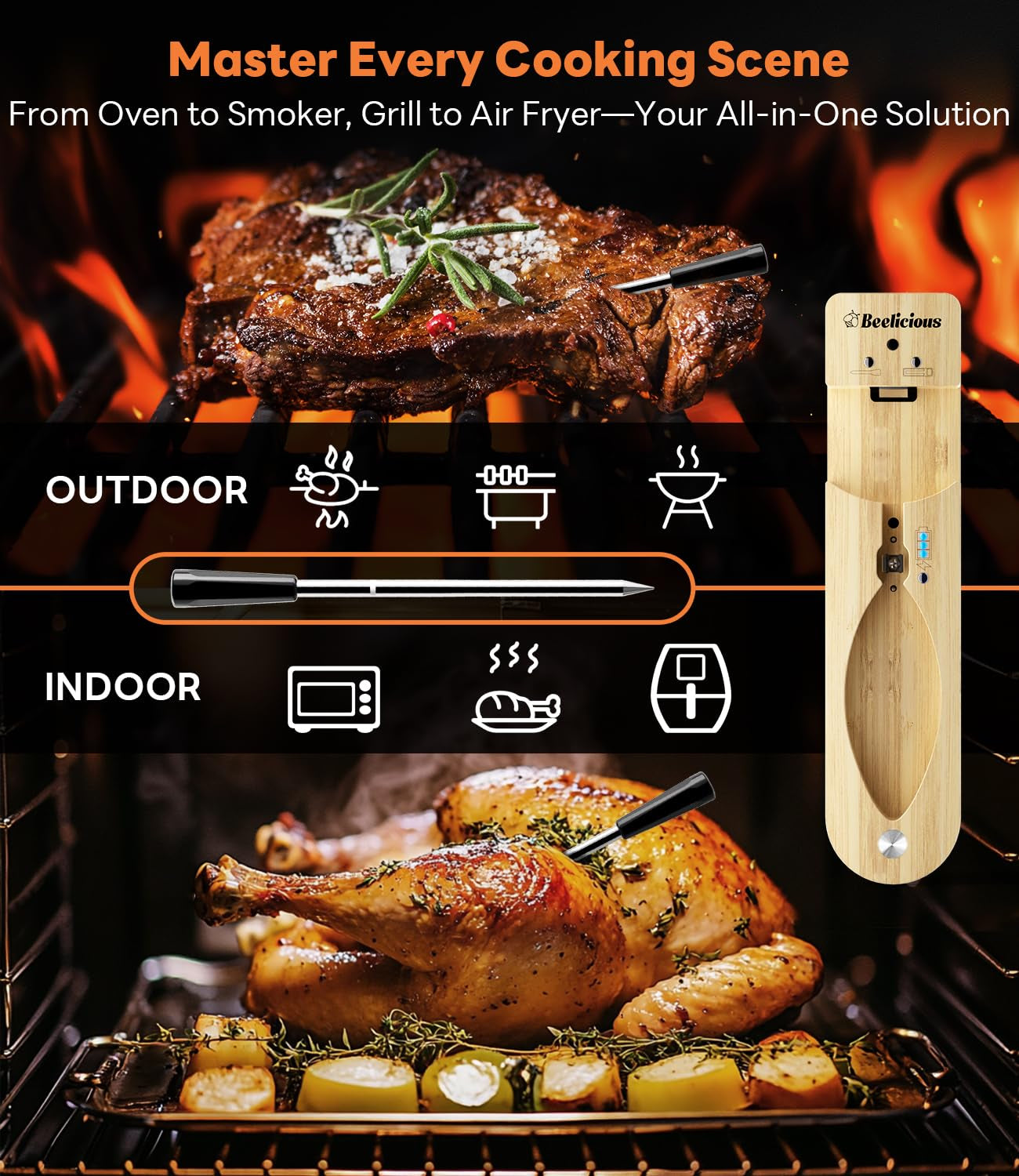 Wireless Meat Thermometer – Stable Bluetooth Smart Probe with ±1.8℉ Accuracy, 0.5S Fast Response & Long-Lasting Battery, IP67 Waterproof, App Controlled for Grill, Oven, Air Fryer