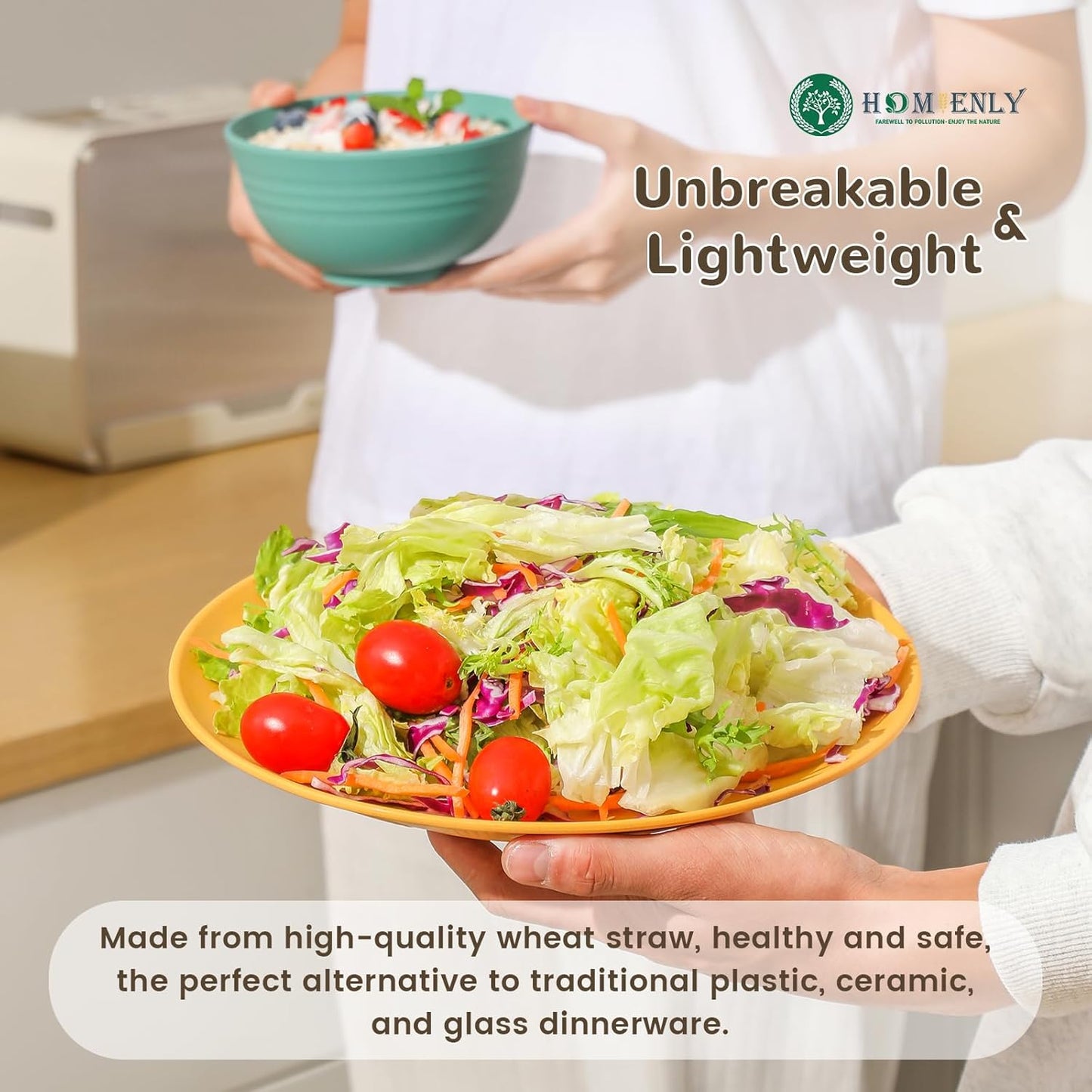 40-Piece Premium Wheat Straw Dinnerware Set for 8 - Unbreakable Plates, Bowls, and Cups - Dishwasher and Microwave Safe Kitchen Dishes - Multi-Color