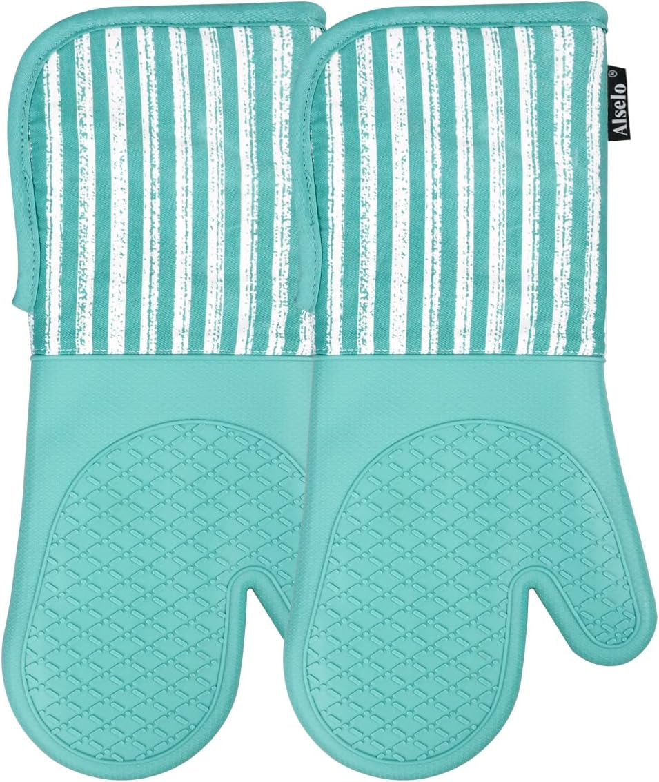 Silicone Oven Mitts Heat Resistant 932℉ with Waterproof & Non-Slip Kitchen Mittens, Set of 2 Extra Long Oven Gloves with Soft Cotton Terry Lining for Baking Cooking Barbecue