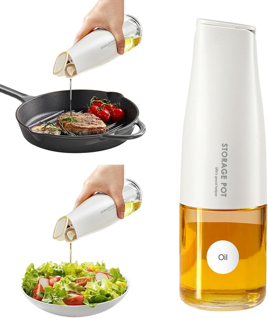 Large Capacity Olive Oil Dispenser - 500ml / 17oz Glass Vinegar Drizzler - Leak-Proof Non-Drip Soy Sauce Pourer with Labels (White)