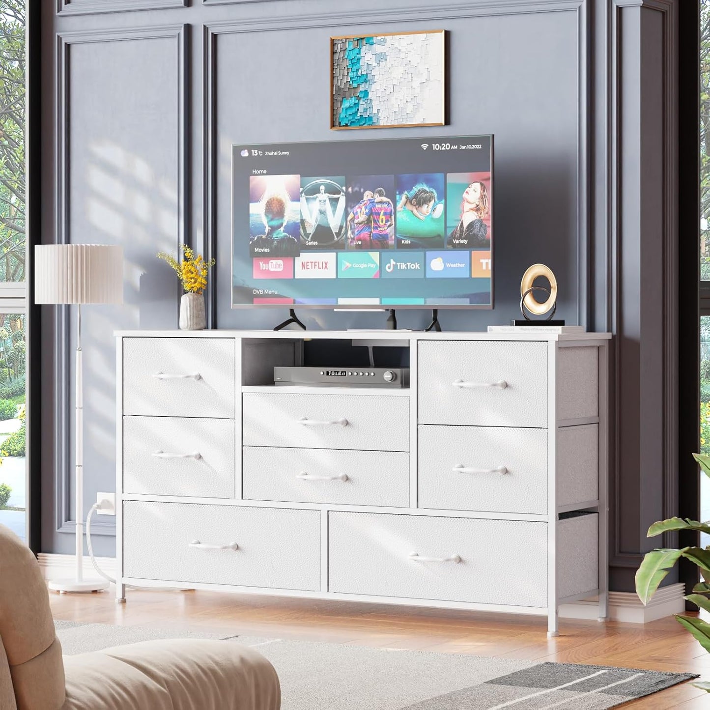 Wide Chest Dresser with Power Outlet for 55" TV Stand - 8 Deep Drawers for Storage in Bedroom, Living Room, Entryway, Hallway, and Closet (White)
