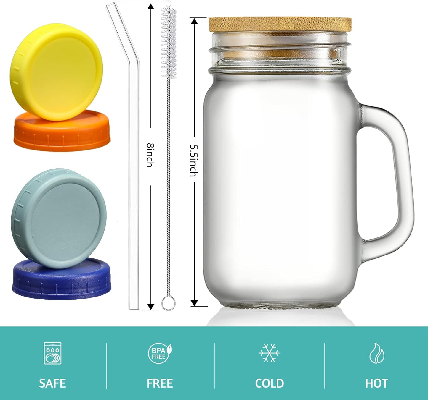 Mason Jars with Handle, Glass Mugs with Straws and Bamboo Lids & Colorful Airtight Lids 4Pcs Set, 16Oz Drinking Glass Cups, Travel Tumbler for Iced Coffee, Smoothie, Overnight Oats Containers