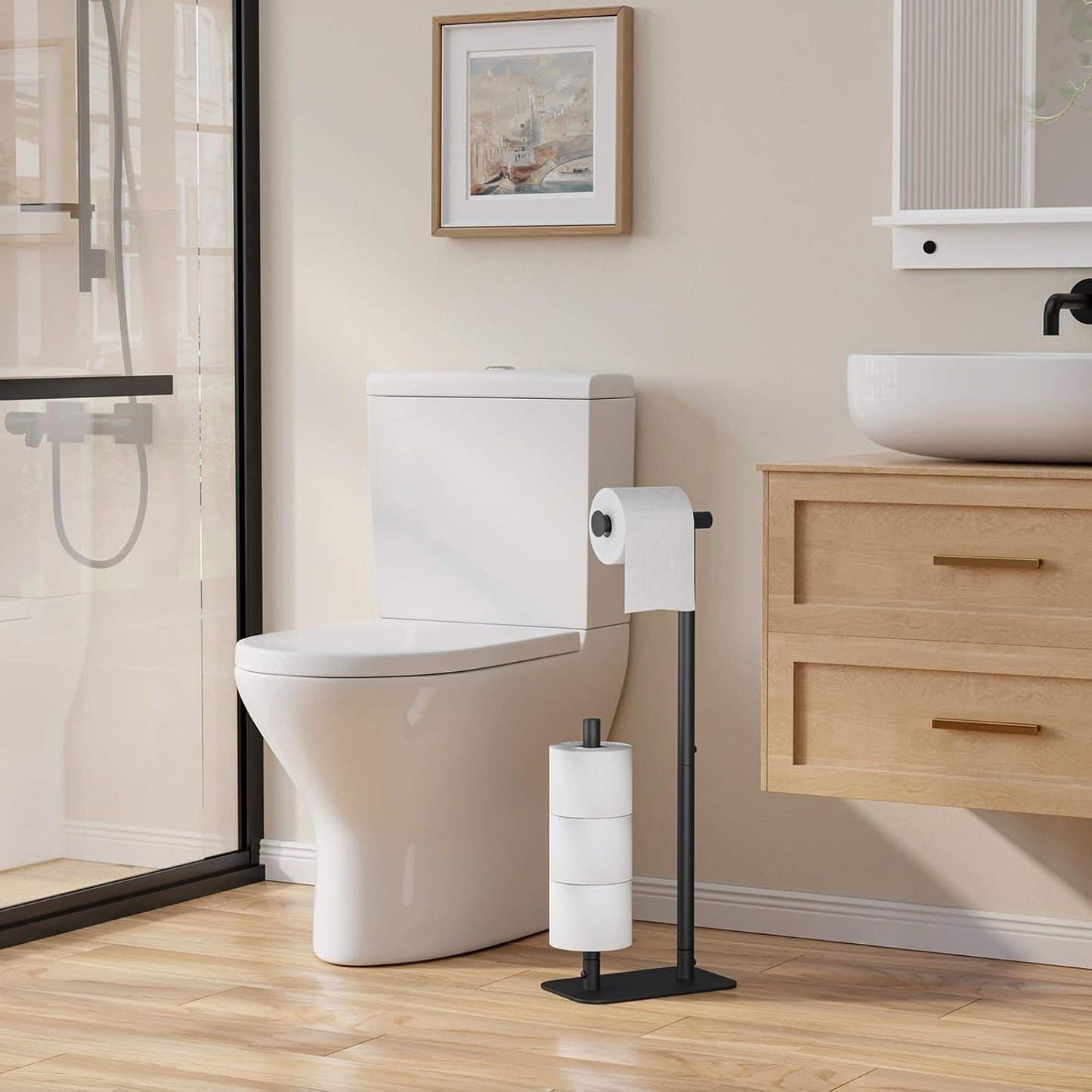 Toilet Paper Holder Free Standing - Large Capacity Toilet Paper Holder for 4 Rolls, Rustproof Toilet Paper Stand with Non-Slip Stable Base, Black, 24.4"X9.3"X5.5"