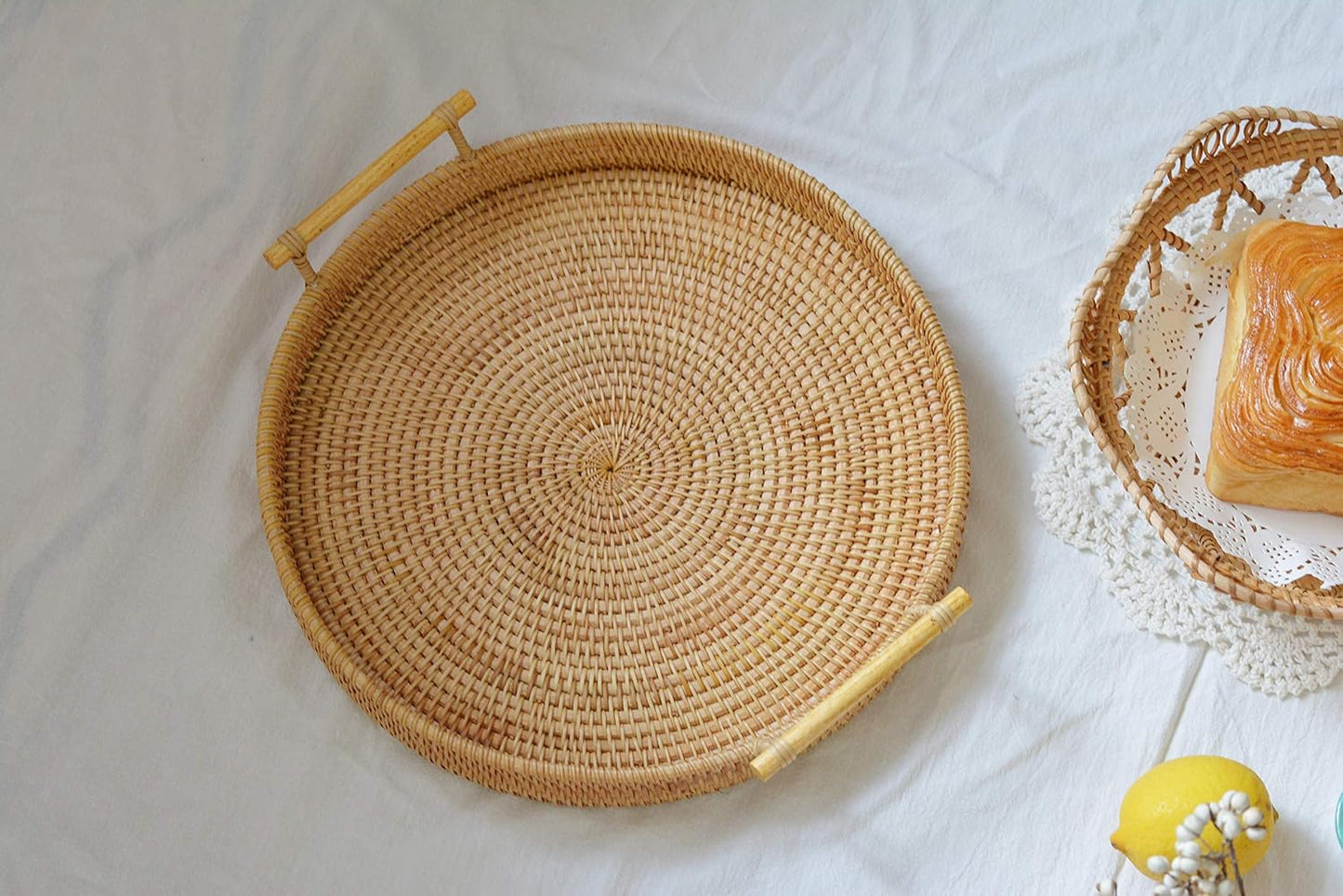 Rattan round Serving Tray Wicker Woven Bread Basket with Handles for Cracker Dinner Parties Coffee Table Breakfast (Natural 12.6 Inches)