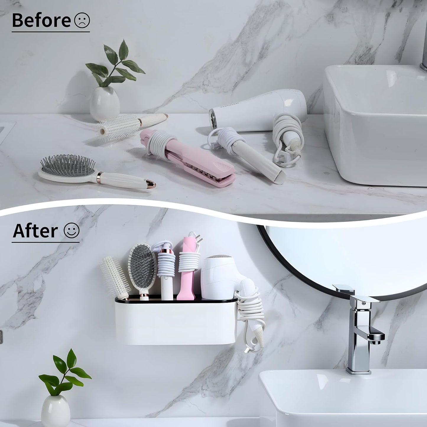 Self-Adhesive Hair Dryer Holder and 3-In-1 Hair Tool Organizer - Wall Mounted, Over Cabinet Door, and Free-Standing Options in White and Black