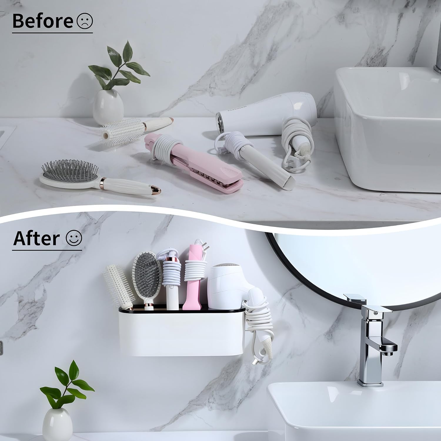 Self-Adhesive Hair Dryer Holder and 3-In-1 Hair Tool Organizer - Wall Mounted, Over Cabinet Door, and Free-Standing Options in White and Black