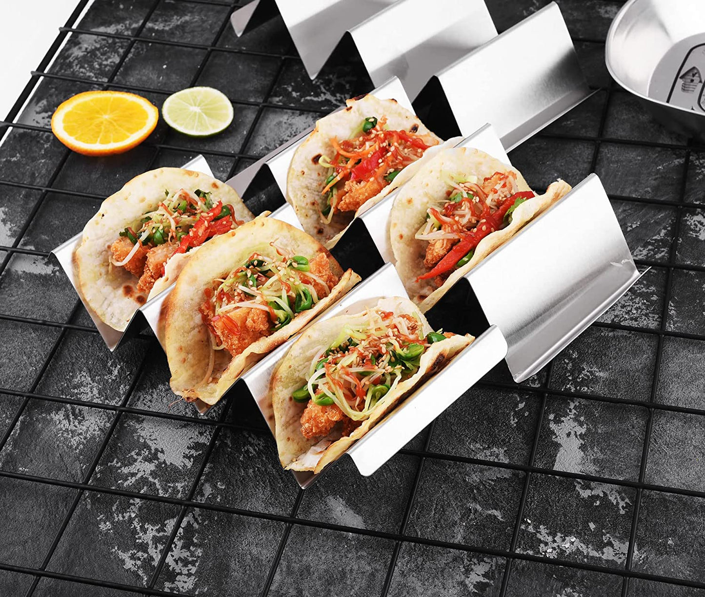 Taco Holders 4 Packs - Stainless Steel Taco Stand Rack Tray Style, Oven Safe for Baking, Dishwasher and Grill Safe