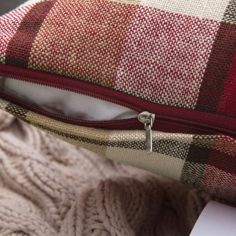 Pack of 2 Christmas Decorative Pillow Covers Check Buffalo Plaids Pillowcase Tartan Linen Rustic Farmhouse Square for Bench Sofa Couch Car Bedroom Red and Tan 18X18 Inch