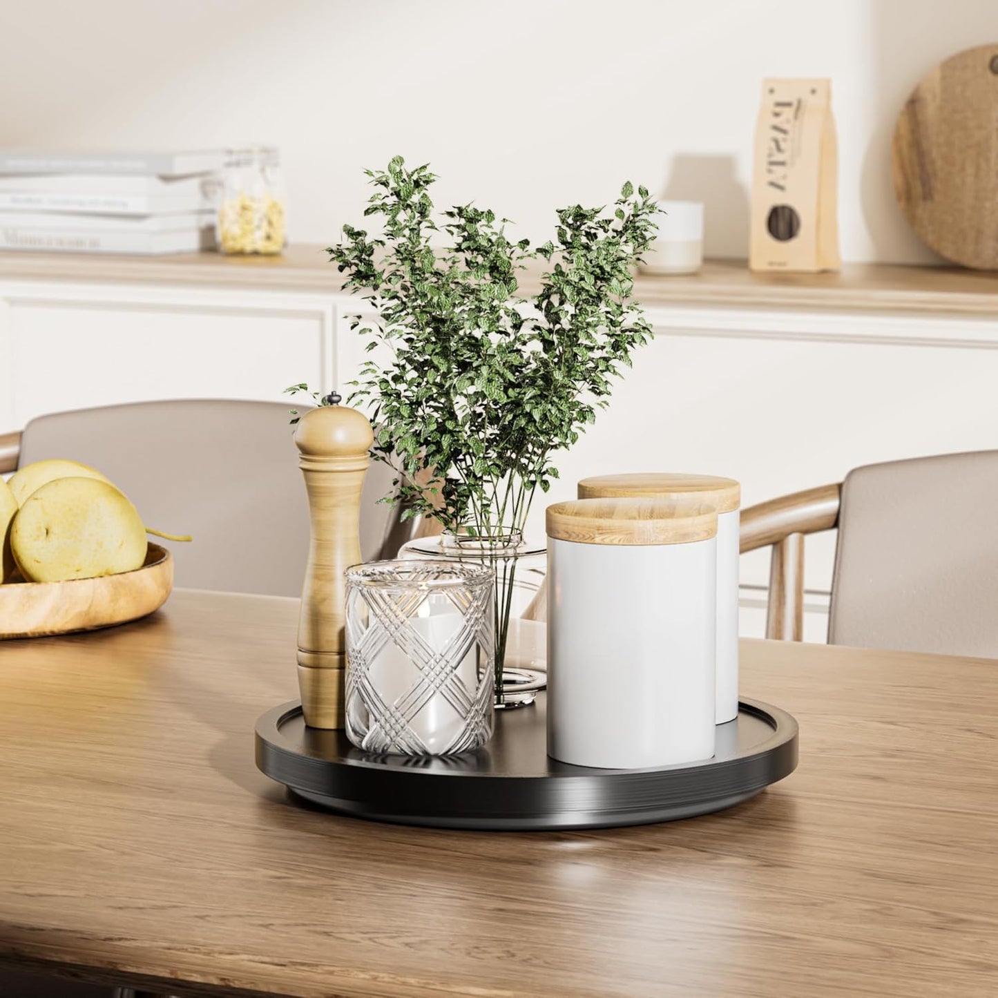 9'' Wood Lazy Susan Organizer Turntable for Cabinet, Lazy Susan for Table Top, Pantry, Kitchen, Bathroom, Countertop, Rotating Spice Organizer, Vanity Decor Tray, Pine Wood, Black