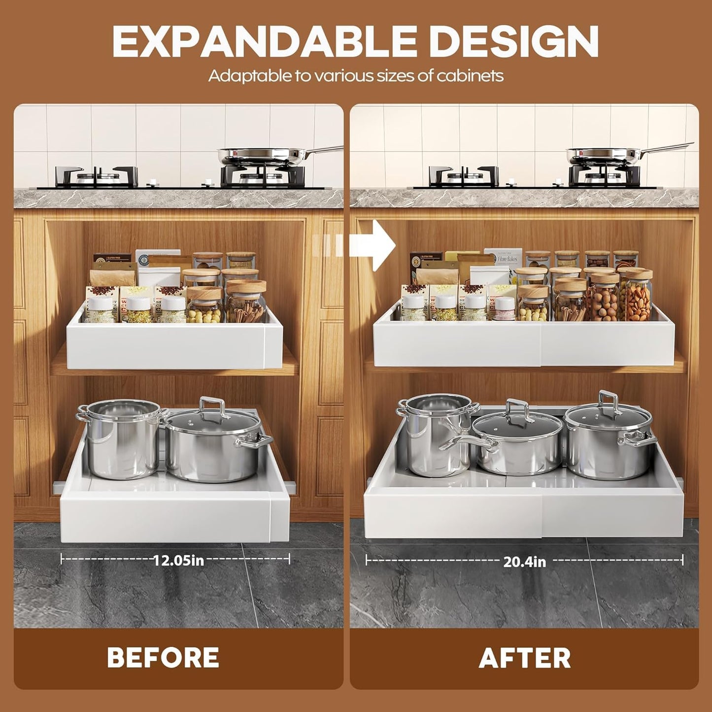 Expandable Pull-Out Cabinet Organizer Set - 21" Deep with Adjustable Width (12.05"-20.4") for Framed Cabinets, Featuring 3 Slide Rails and Adhesive Roll-Out Shelves - White Finish