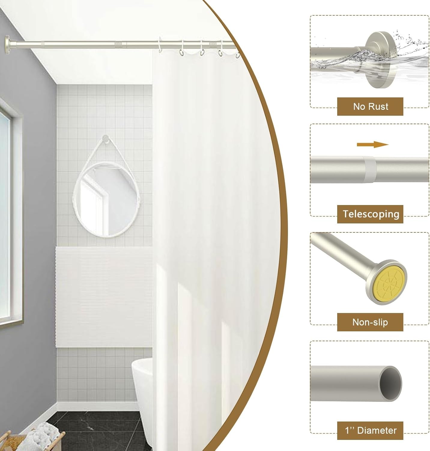 Brushed Nickel Shower Curtain Rods - 31-80 Inch Spring Tension Shower Rods for Bathroom, Adjustable, No Drilling, No Rust, Stainless Steel
