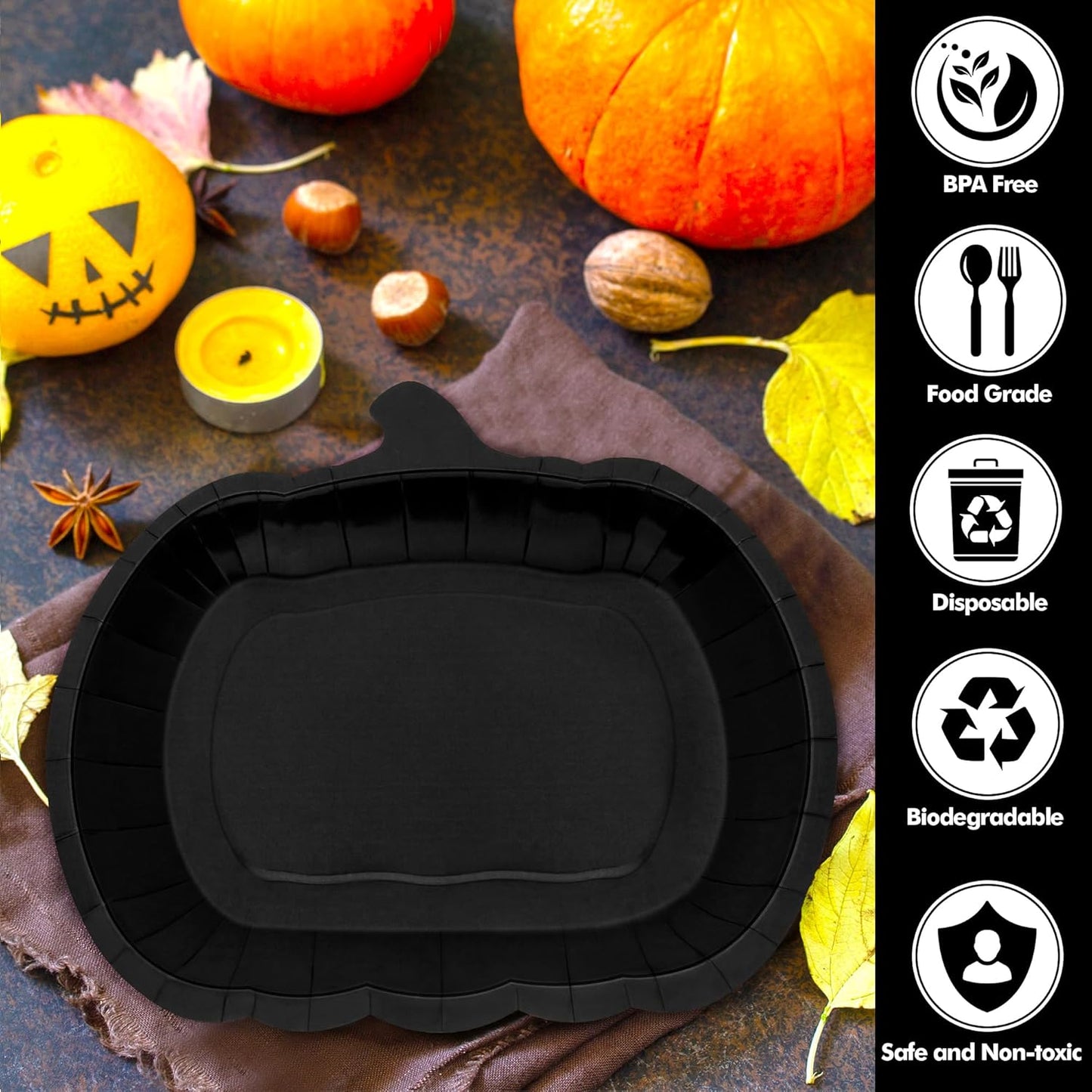 50 PCS Halloween Plates, 9.4'' X 9.6'' Pumpkin Shaped Plates, Disposable Spooky Paper Decorations, Black Ghost Party Tableware for Halloween Party Favors Spiderweb Witch Pumpkin Decor