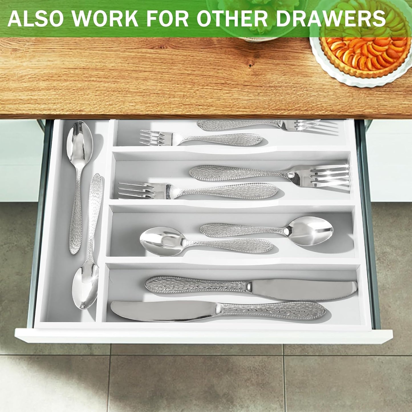White Silverware Organizer 10 in Utensil Organizer Silverware Tray for Drawer Cutlery Flatware Organizer for Kitchen Bamboo Wood