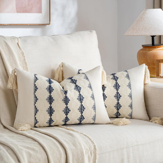 Set of 2 Navy Blue Lumbar Decorative Throw Pillow Covers 12X20 Inch for Couch Bed Sofa Living Room, Aesthetic Organic Farmhouse Home Decor, Cotton Woven Textured Cushion Case with Tassels