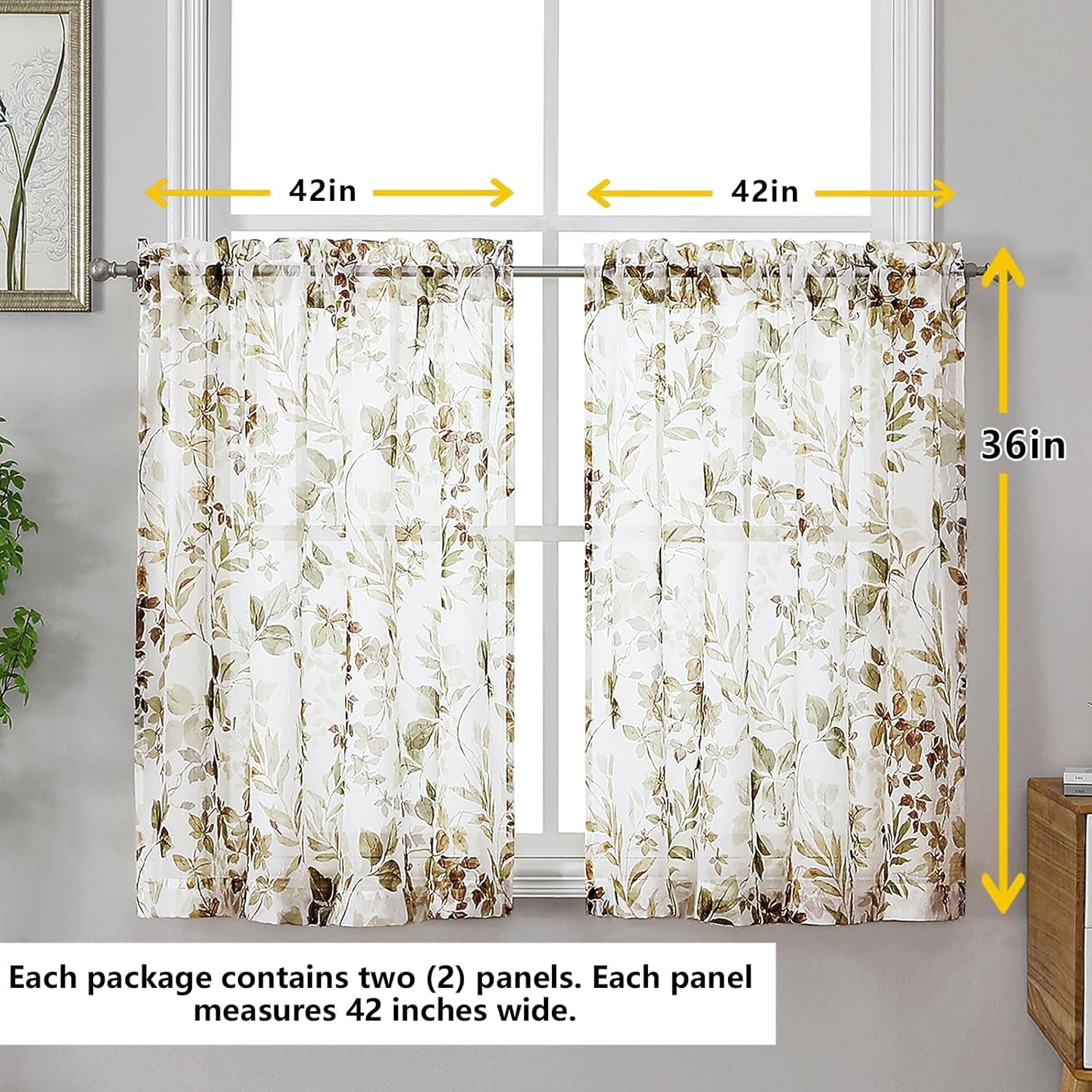 Crushed Sheer Curtains Tiers 36 Inch Length 2 Panels, Printed Design Small Half Curtains Kitchen Tiers Bathroom Cafe Bedroom Living Room, Light Filtering Curtain, 42"X36"