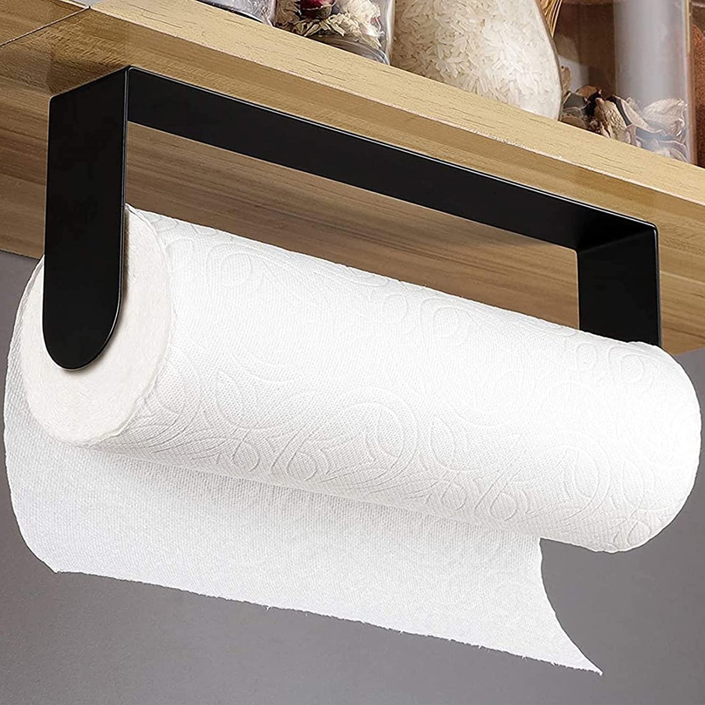 Wall-Mounted Black Paper Towel Holder - Self-Adhesive Under-Cabinet Rack in SUS-304 Stainless Steel for Kitchen Use
