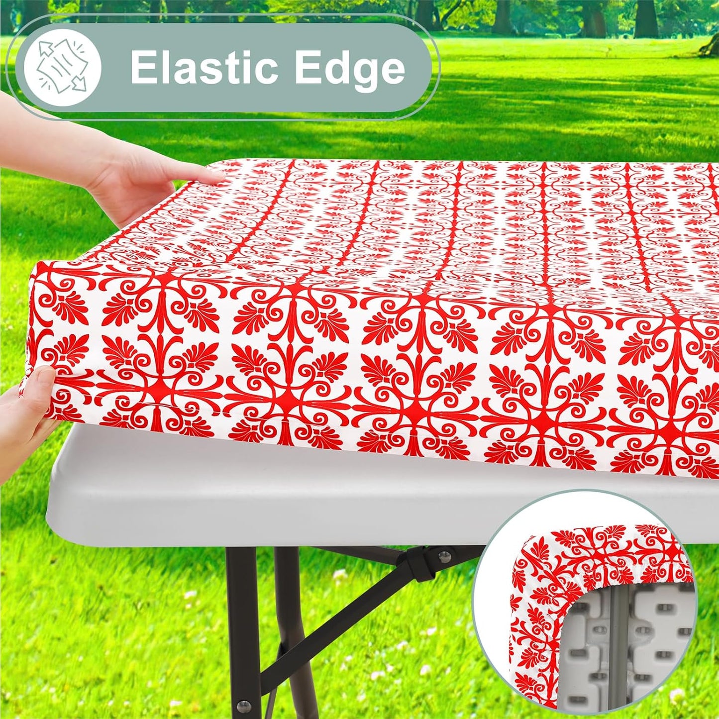 2 Pack 6 Foot Rectangle Picnic Tablecloth, Elastic Fitted Waterproof Table Cover, Windproof Washable Polyester Table Cloth for Camping, Indoor and Outdoor (Red, 30" X 72")