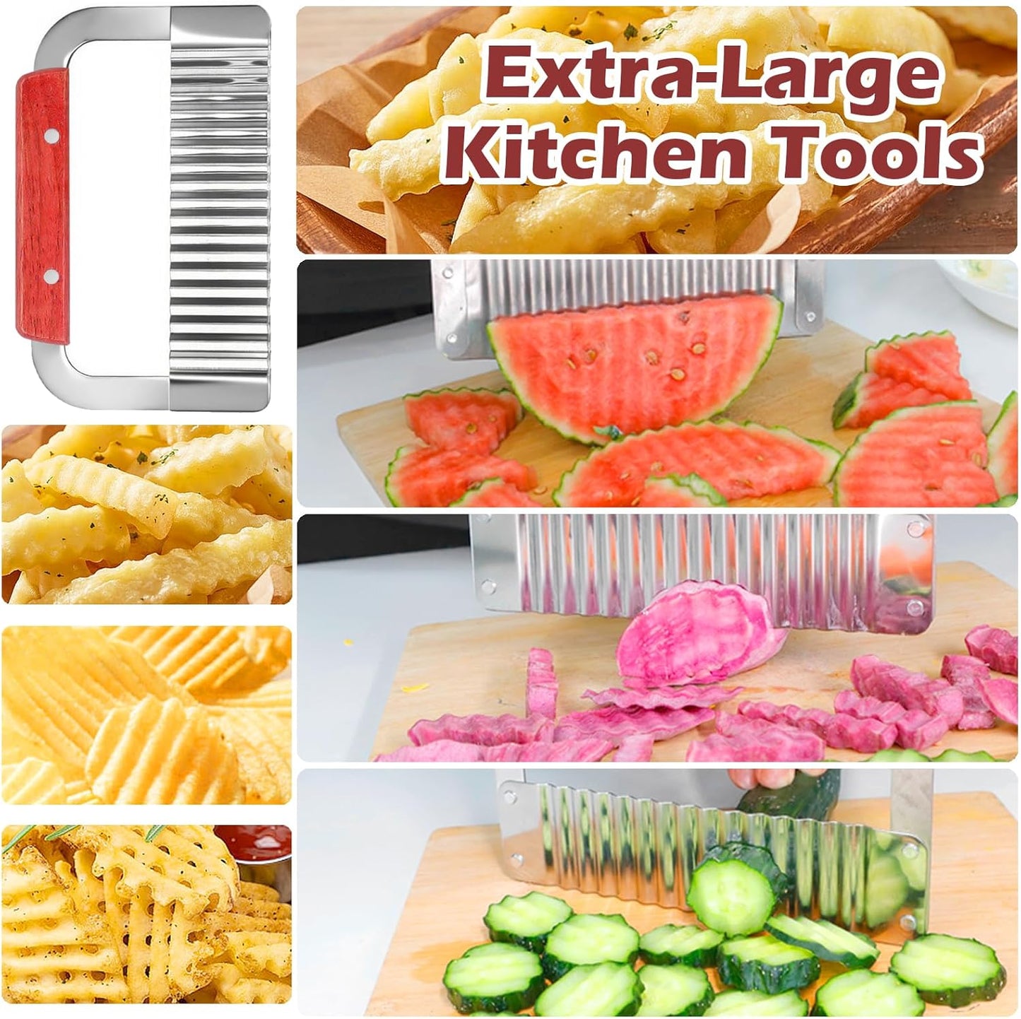 Extra-Large Crinkle Cutter Wave Potato Slicer – Stainless Steel French Fry Cutter for Restaurants, Waffle Slicing Tool, Crinkle Chopping for Potatoes, Kitchen Veggie Cucumber Slicer with Handle