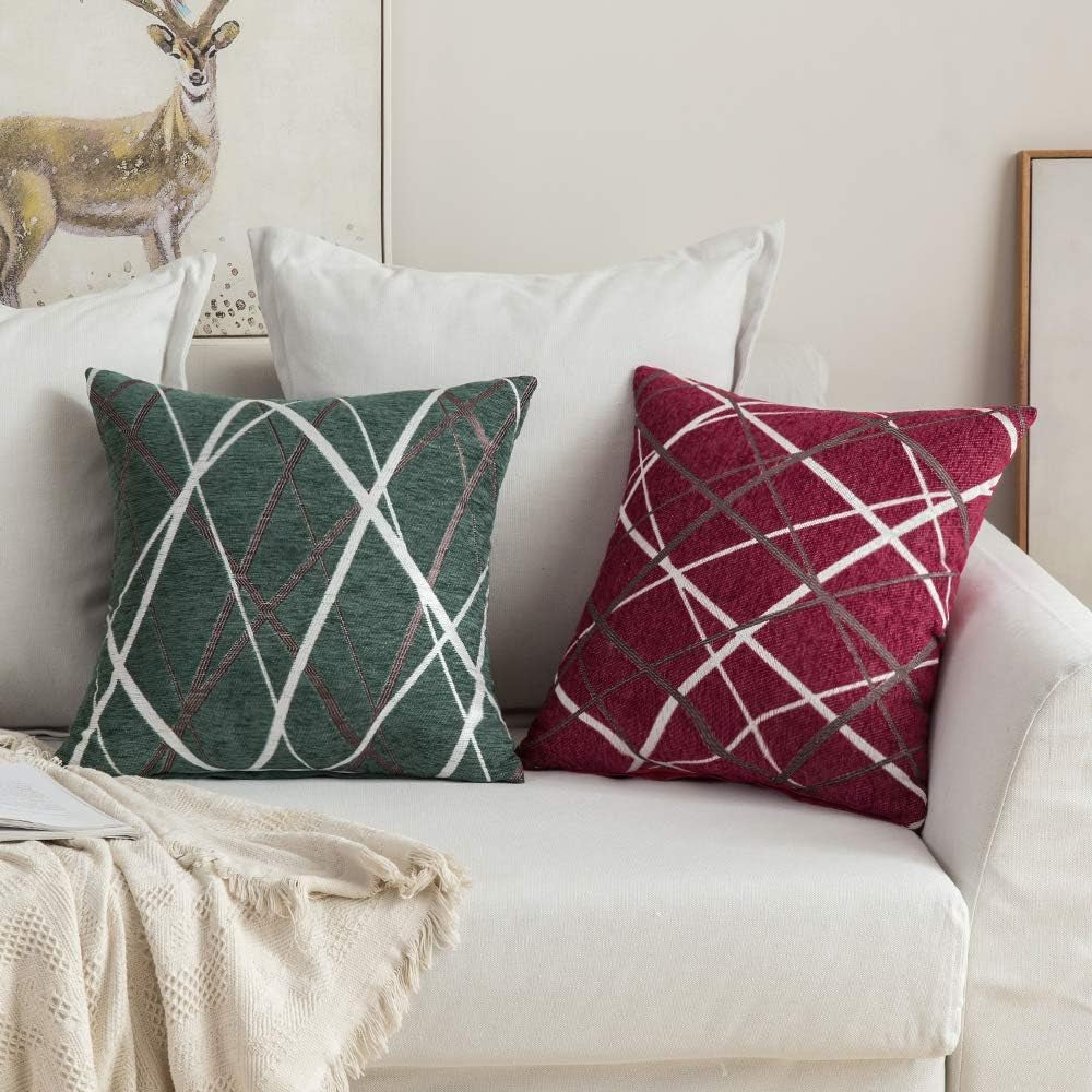 Pack of 2 Decorative Throw Pillow Covers Christmas Woven Textured Chenille Cozy Modern Concise Soft Red Square Cushion Shams for Bedroom Sofa Car 18 X 18 Inch